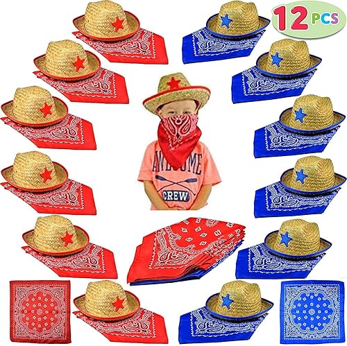 12 unidades de sombreros de paja, de vaqueros, con bandanas (6 de color rojo y 6 de color azul), como regalos para fiestas