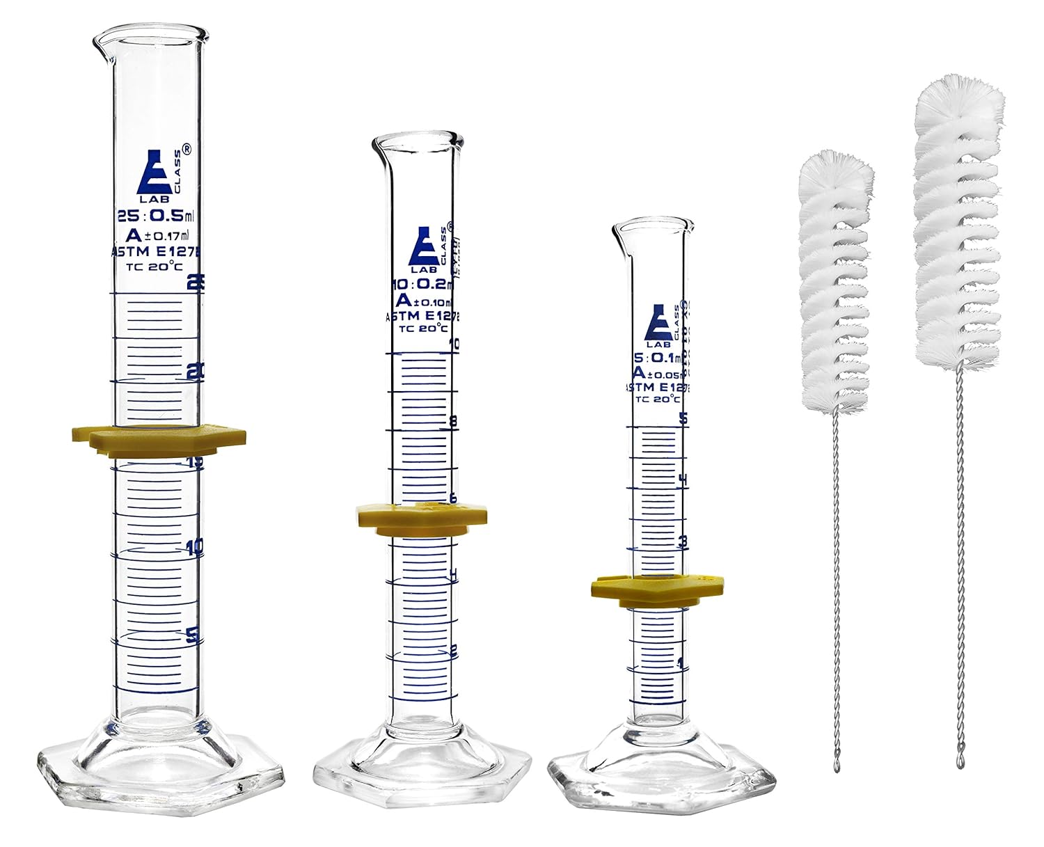 EISCO Graduated Cylinders & Cleaning Brushes - 5 Piece Set - ASTM, Class A - 5mL, 10mL, 25mL - Blue Graduations - 2 Nylon Bristle Brushes - Borosilicate 3.3 Glass