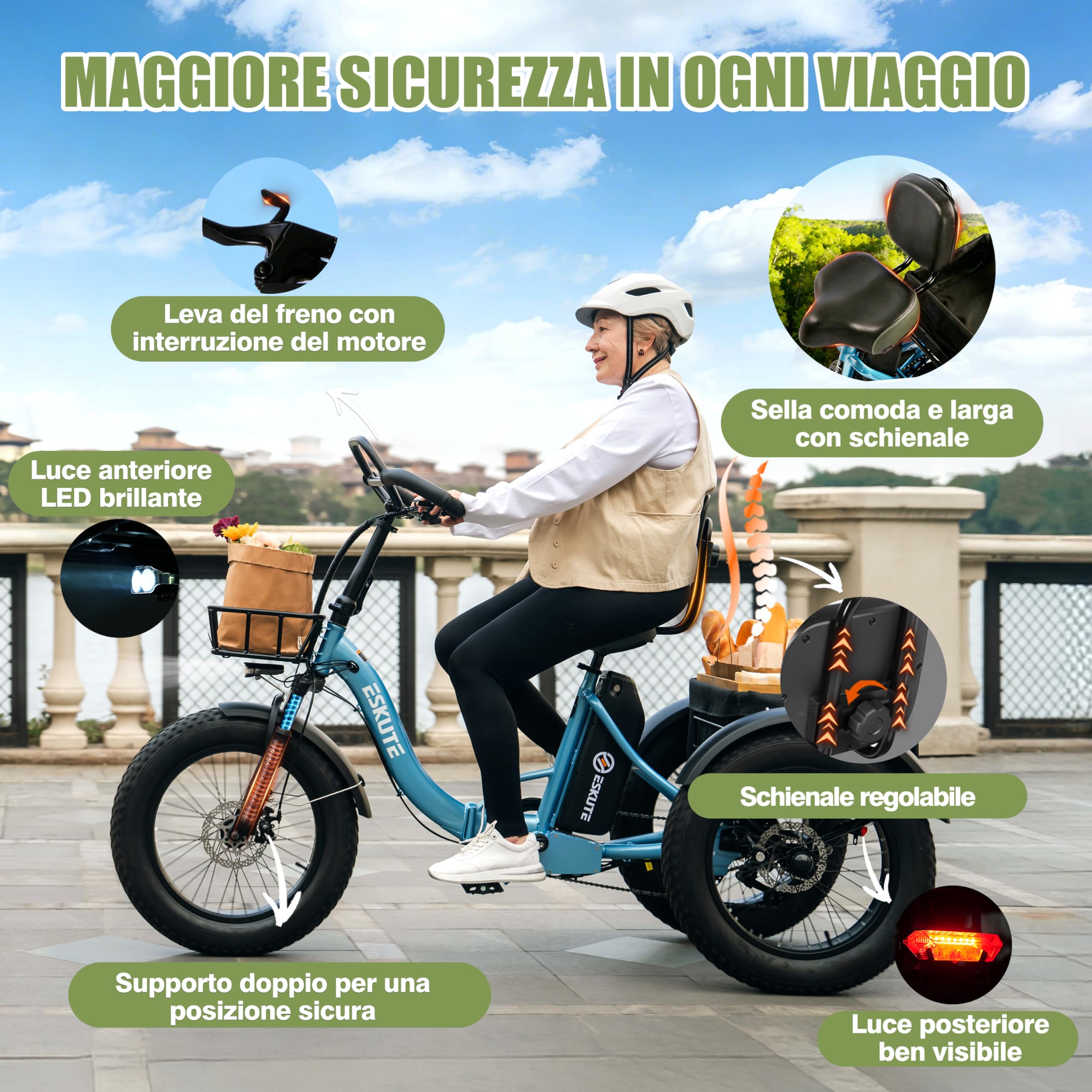 ESKUTE Triciclo Elettrico per Adulti T302 Pro, Fat Bike Elettrica 20×4.0 Pieghevole con Batteria Rimovibile 48V 20,8Ah, eBike a Tre Ruote con Motore 65Nm, Cambio 7 Velocità, Autonomia fino a 130 km
