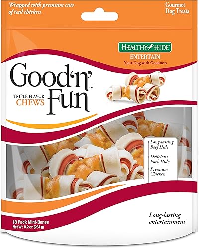 Good 'n' Fun Masticables de triple sabor, 18 unidades, mini huesos, masticables de cuero crudo para perros pequeños