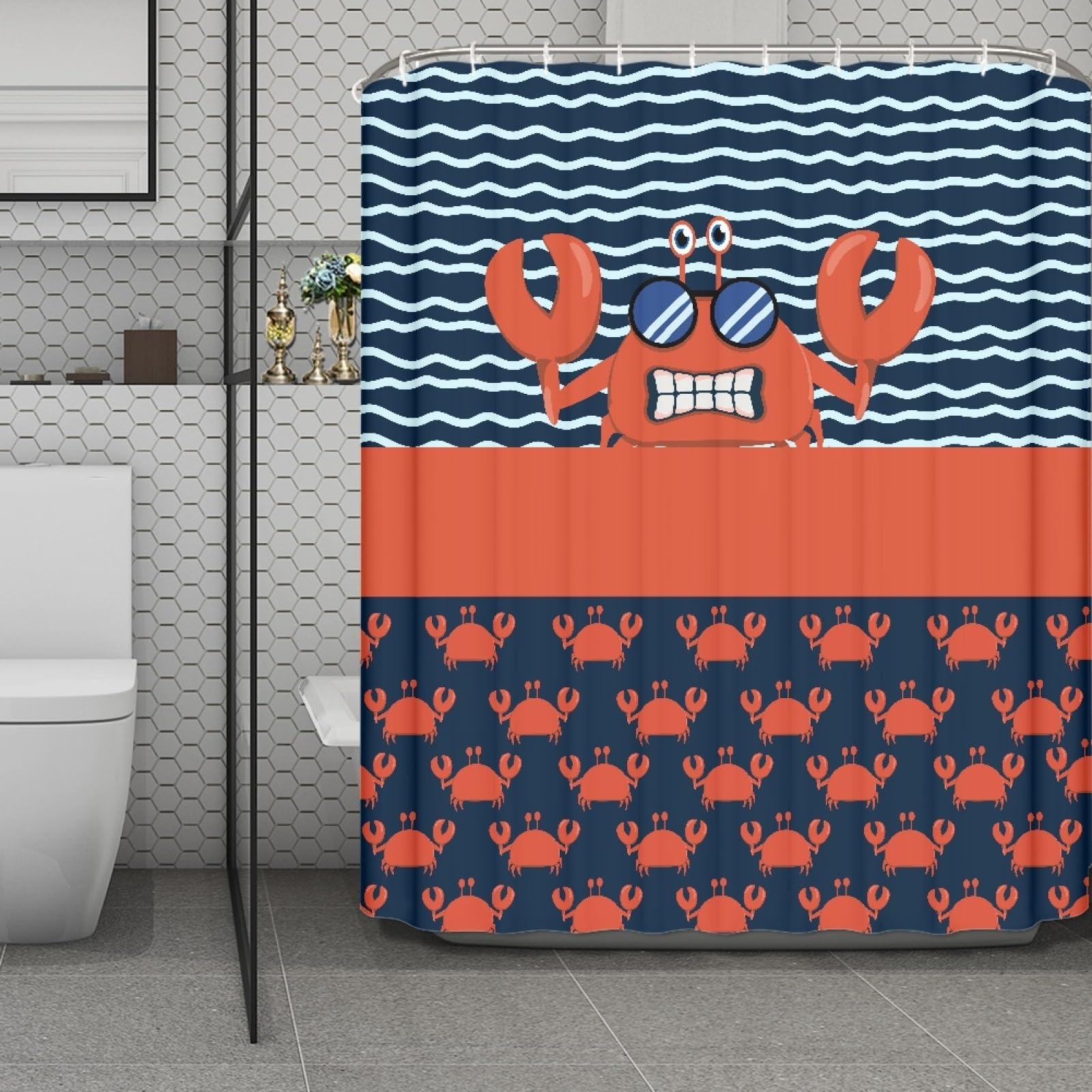 Rideau de douche anti-moisissure 200x240 fini l'eau au sol avec le motif crabe