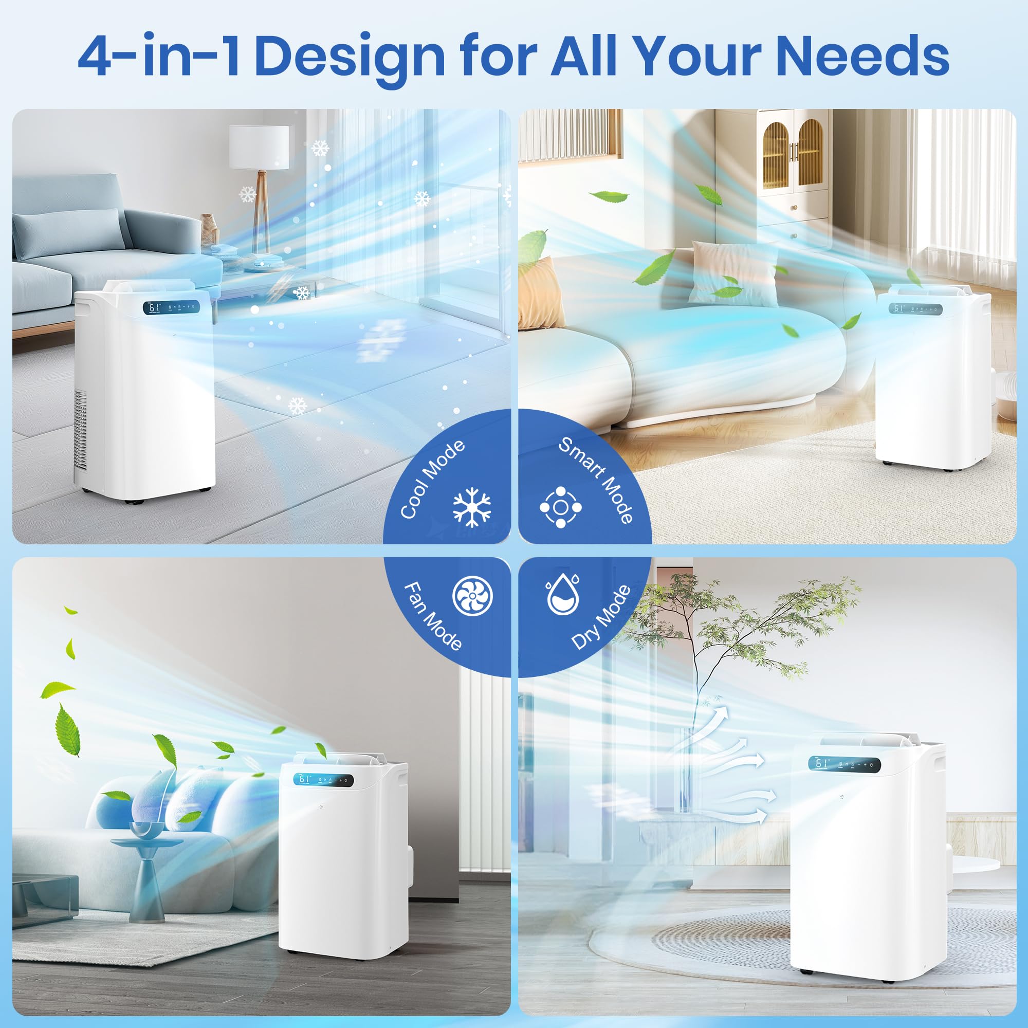 14000 BTU Tragbare Klimageräte für Raumkühlung bis zu 700 Sq.Ft, 3-in-1 Leise Tragbare AC Einheit mit Luftentfeuchter Ventilator, Fernbedienung, Smart Sleep Modus, 24H Timer, Windows Kit enthalten