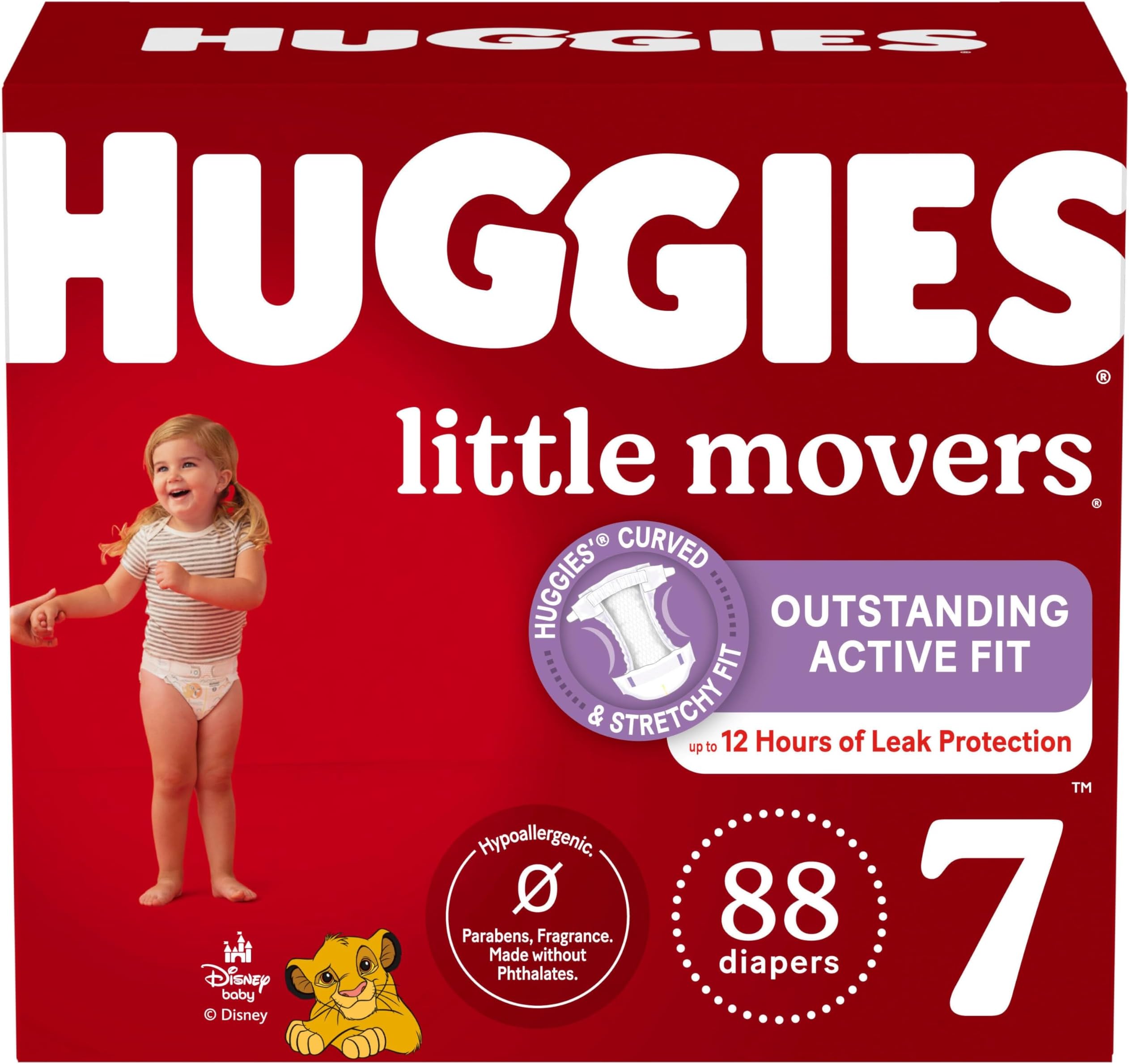 Size 7 Diapers, Little Movers Baby Diapers, Size 7 (41+ lbs), 88 Count (2 Packs of 44), Packaging May Vary