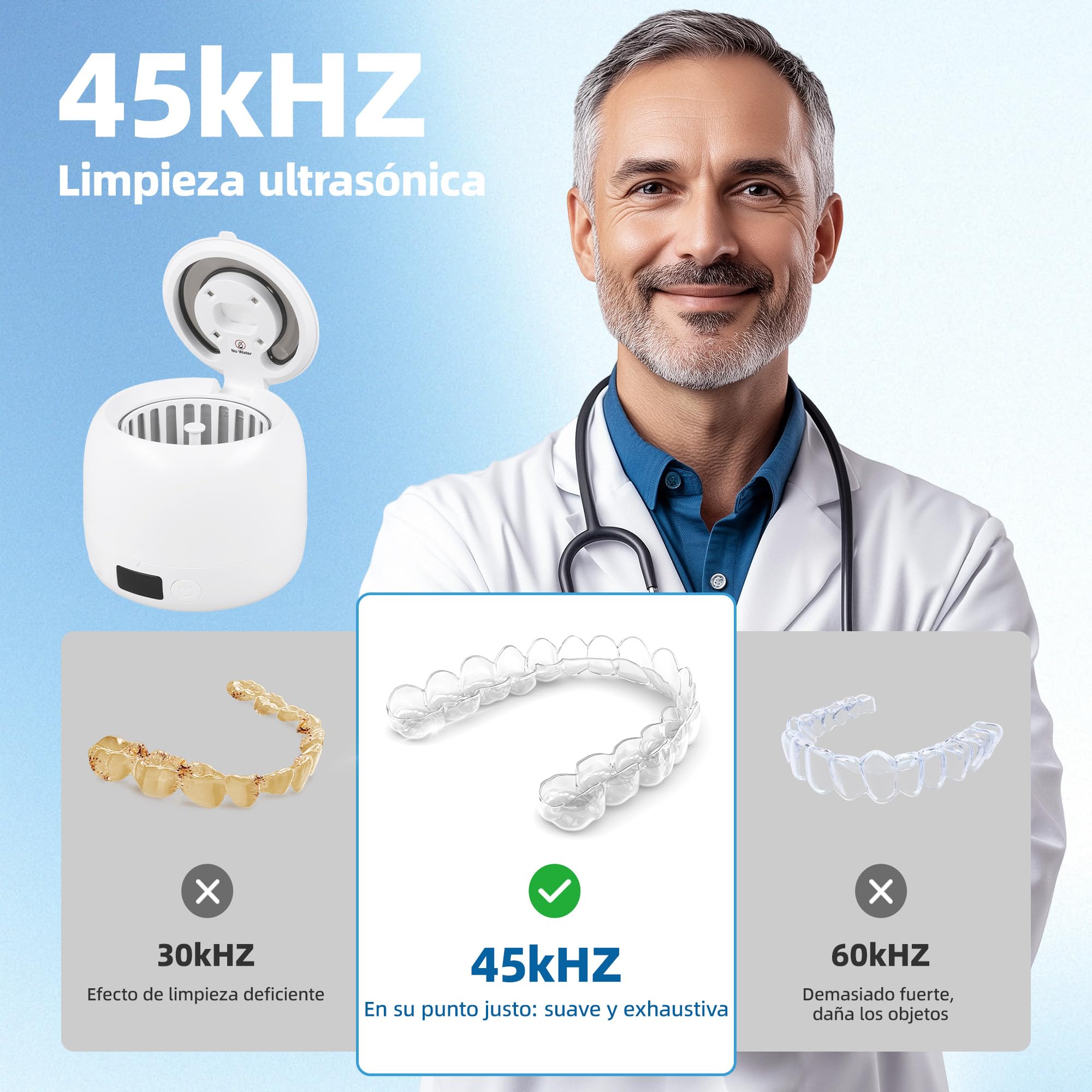Carehabi Limpiador Ferula Dental, Limpiador Ultrasonidos Dental 45kHz con Depósito Extraíble 200mL, Máquina con Luz U-V para Retenedores, Alineadores y Joyas, Blanco