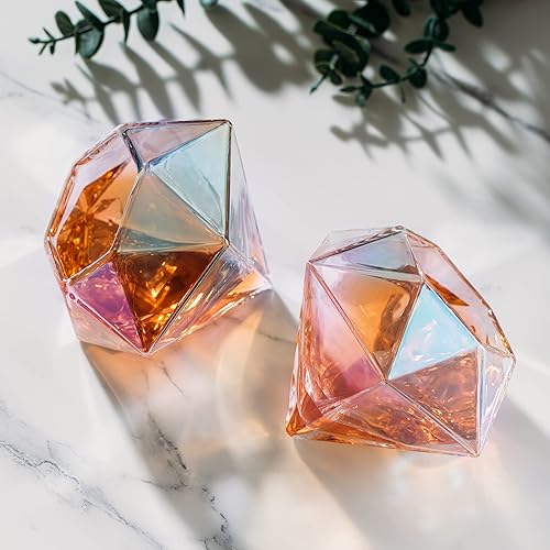 Vista 5 de Juego de 2 copas de whisky y vino con diamantes iridiscentes de 10 onzas, vino, whisky, agua, en forma de diamante, colección Diamonds Sparkle