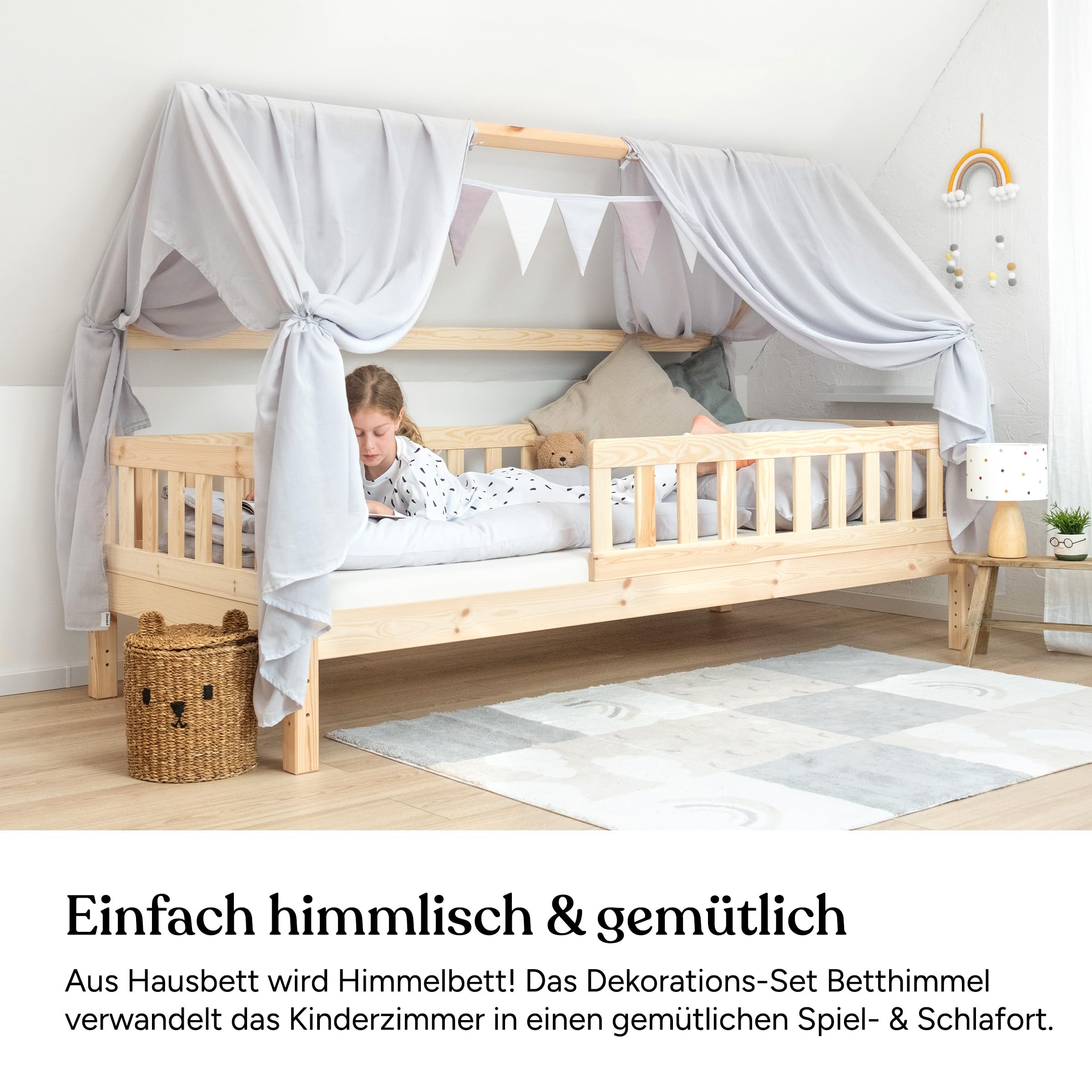 Ehrenkind® Kinderzimmer-Deko-Set: Betthimmel & Wimpelkette für magische Momente | Oeko-TEX Zertifiziert | Kinderzimmer Deko | Betthimmel Kinderzimmer, 120x200 Beige