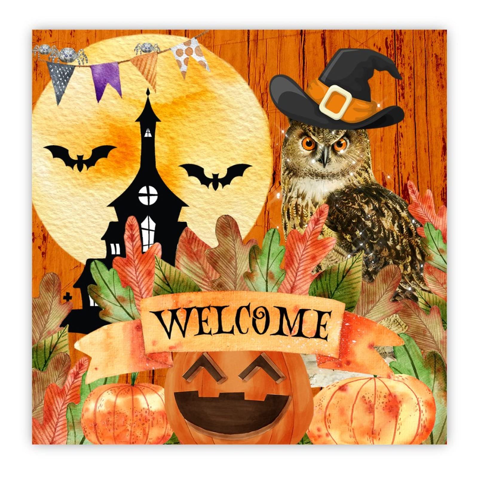 Chateau de hibou plaque bois welcome halloween deco festive chaleureuse