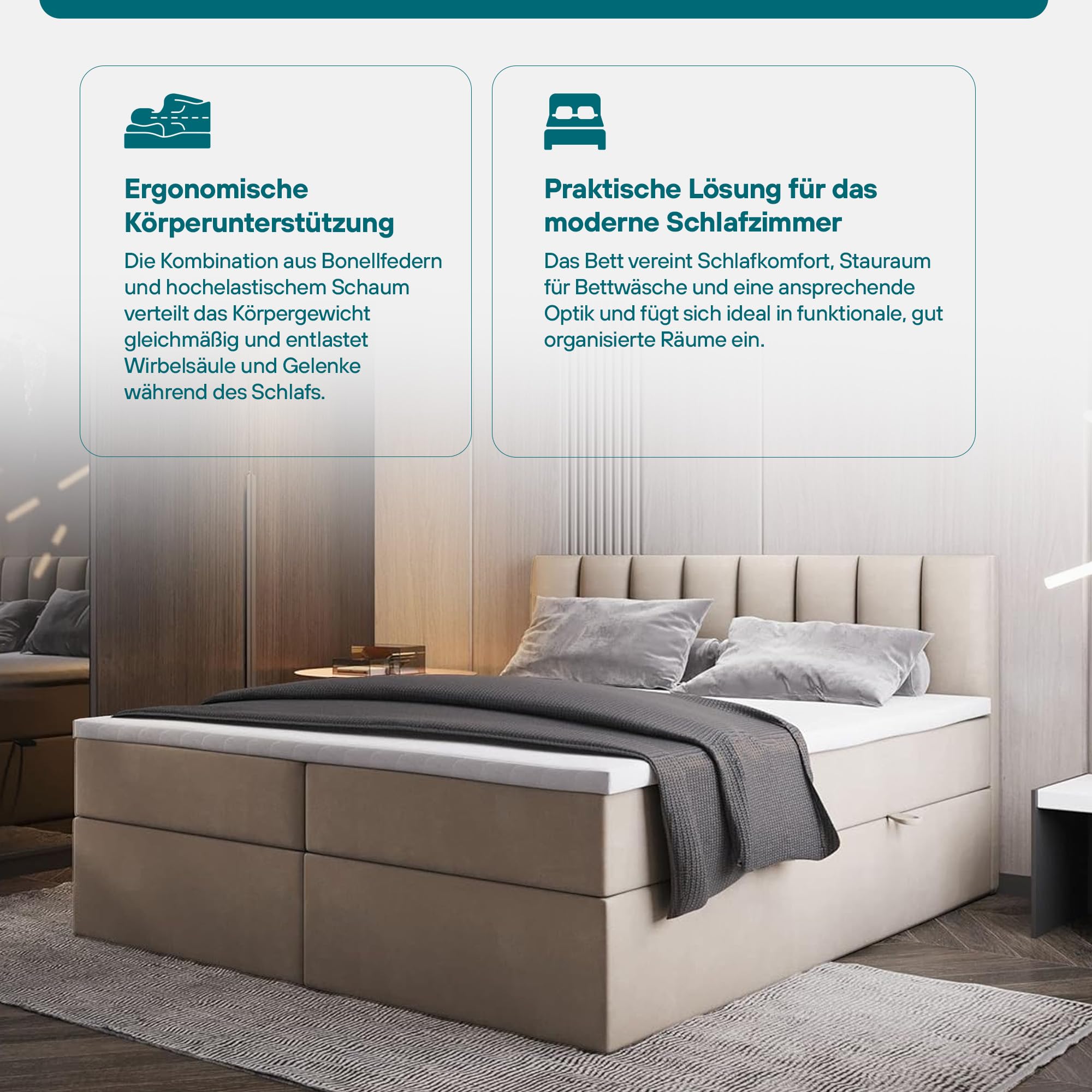 TRADA Boxspringbett mit Bettkästen und Bonell Matratze H3 - Elegant Bett Palermo mit Matratze und Topper - Grau - 200 x 200 cm