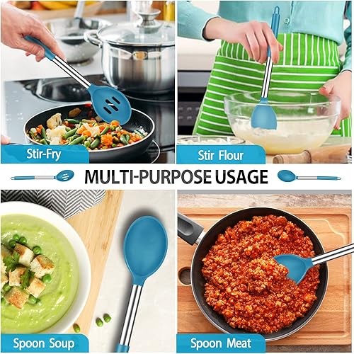 Miniatura 5 de Paquete de 4 espátulas y cucharas grandes de silicona, juego de utensilios de cocina de acero inoxidable ranurados y sólidos, antiadherentes