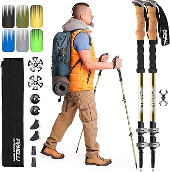 Foxelli Trekking Poles Lightweight Collapsible Aircraft Grade Aluminum Hiking Poles with Cork Grips Quick Locks & All-Terrain Accessories Pair of 2