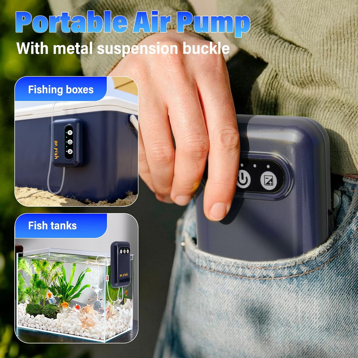 Dr.Fish Aquarium Air Pump, Battery Powered 2600mAh/5200mAh USB Rechargeable, Up to 72 Hours Runtime, Quiet Aerator Bubbler Pump for Outdoor Fishing Fish Tank Live Bait Bucket