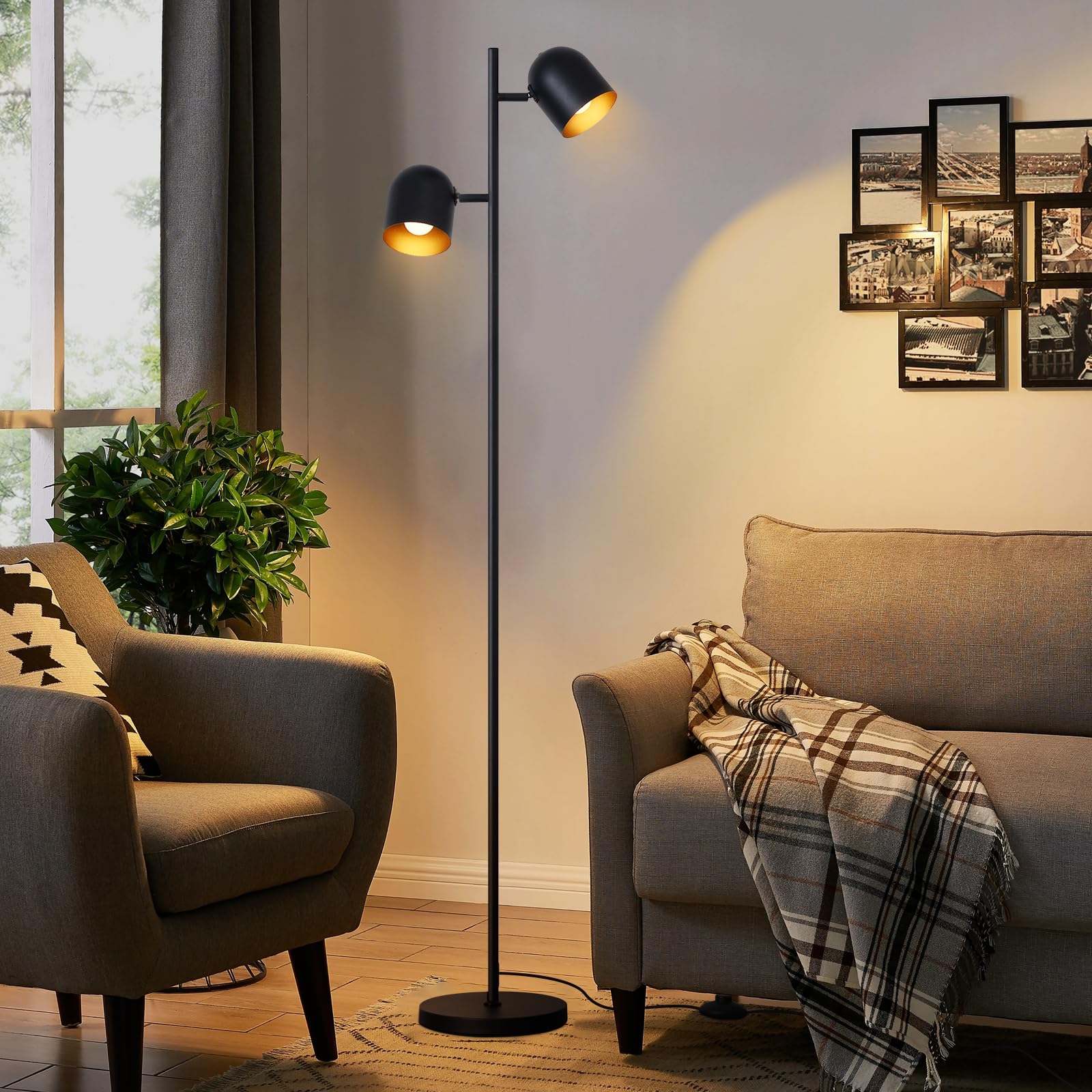 Stehlampe Vintage Wohnzimmer Stehleuchte retro: Industrial Standleuchte 2 Flammig in Schwarz Gold Standlampe aus Metall E14 Schwenkbar 350° Leselampe für Schlafzimmer - Ohne Leuchtmittel