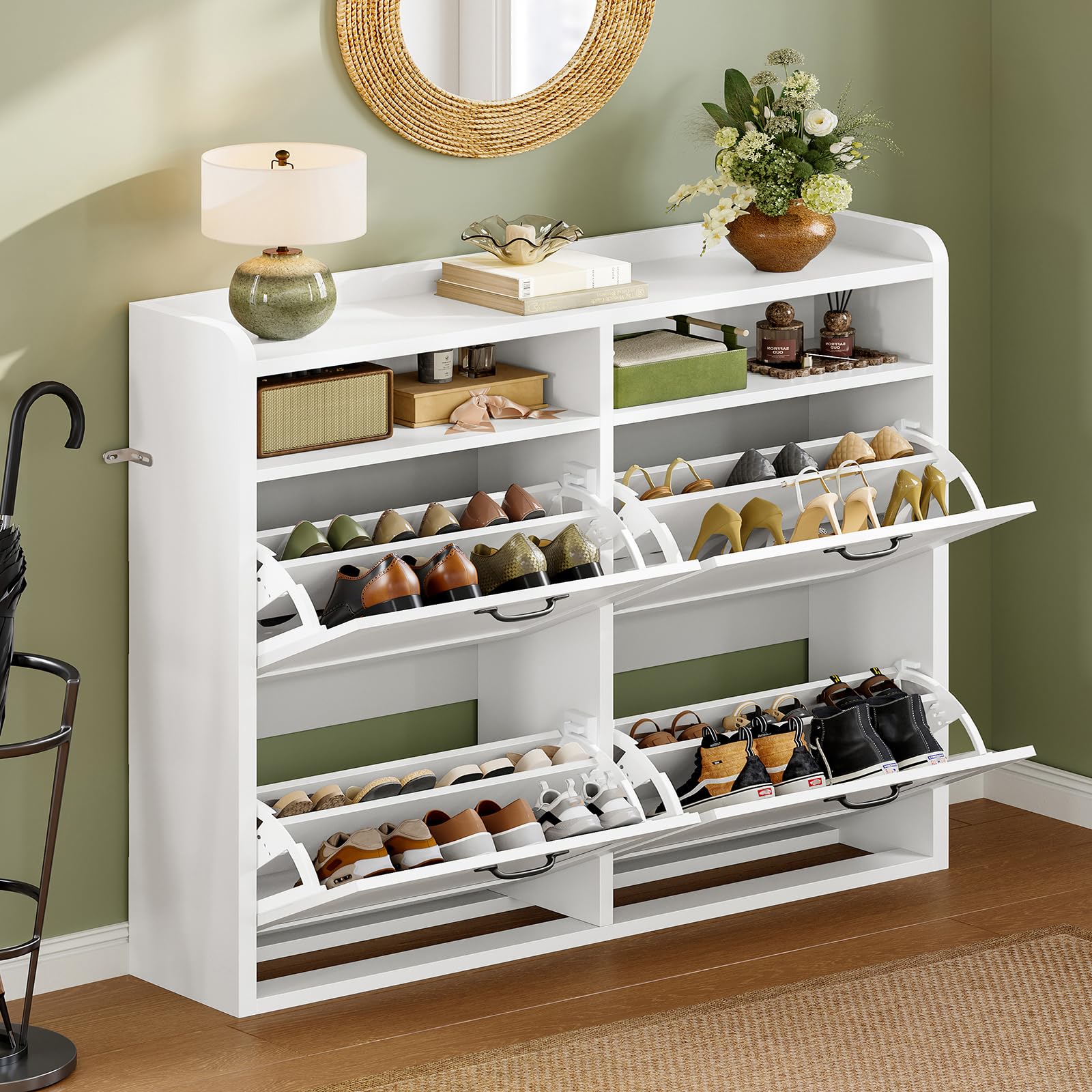 TEENFON Mueble Zapatero Recibidor Estrecho–105cm de Ancho, Armario Zapatero con 4 Solapas y 2Compartimentos Abiertos, Estantes Ajustables, para16–24Pares de Zapatos, Apto para Pasillo,Recibidor,Blanco