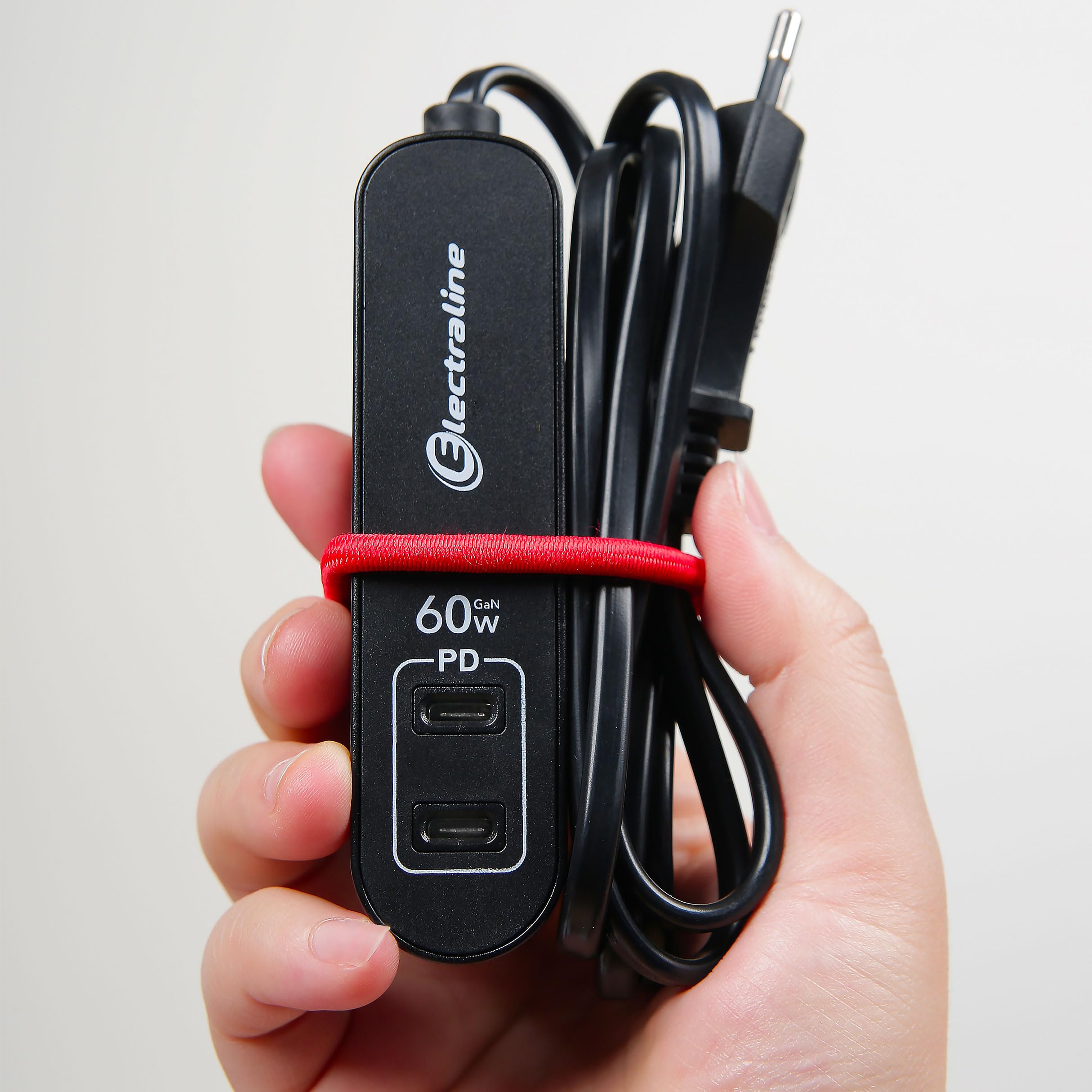 Electraline 62655 Przenośna ładowarka Power Delivery GaN z 2 protokołami USB typu C PPS do ładowania wszystkich urządzeń (w tym komputerów), przedłużacz 1,5 m, wtyczka europejska, 60 W PD