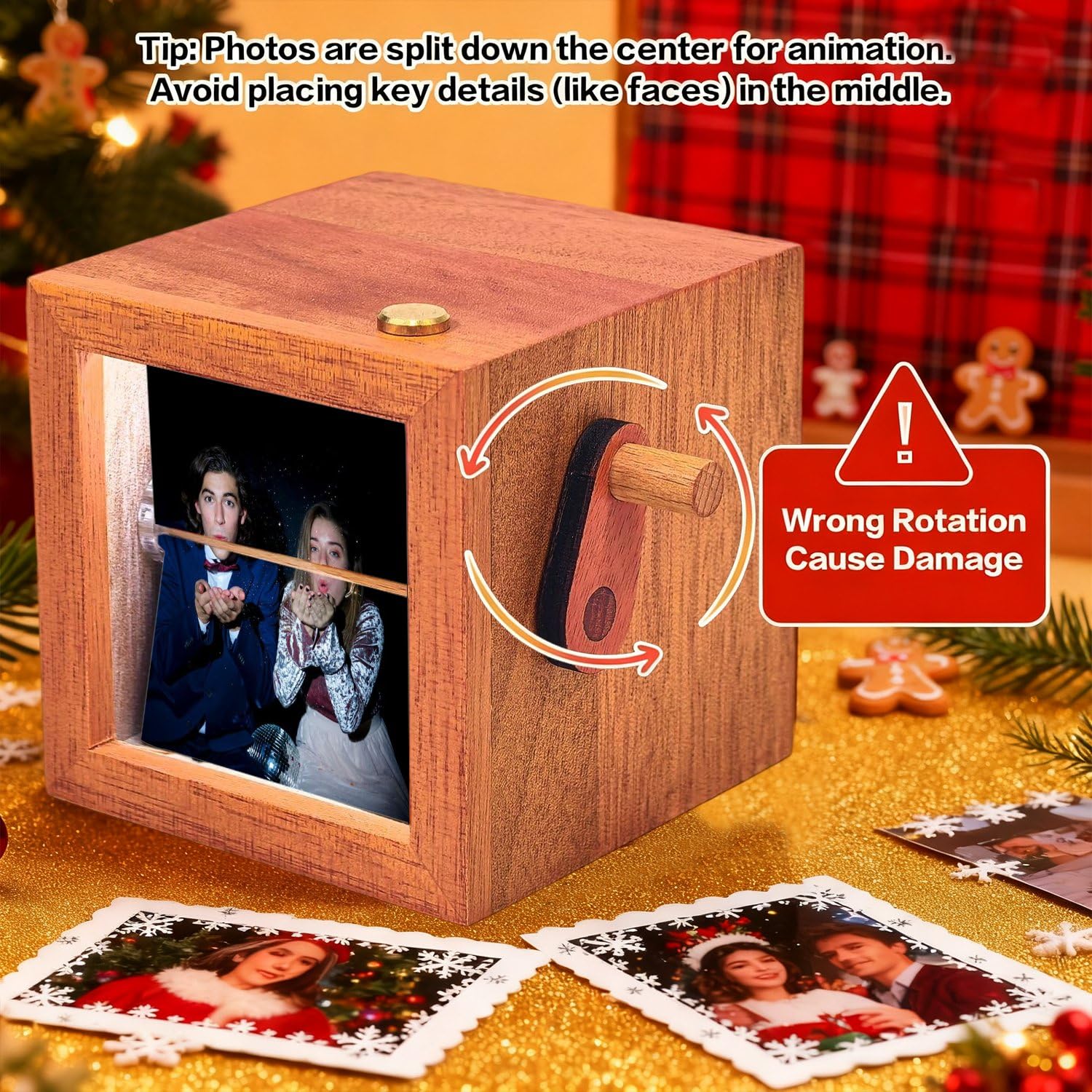 Caja de animación mecánica iluminada personalizada, caja de animación de manivela de fotos personalizada, caja de recuerdo personalizada para parejas románticas (16 fotos, con LED)