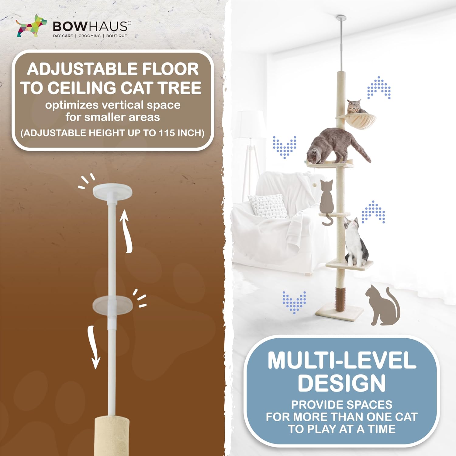 BOWHAUS Floor to Ceiling Cat Tree, Adjustable Height 104”-115” Multi-Tier Cat Climbing Tower w/Itching Scratcher, Cozy Hammock, Interactive Playball, Platforms for Indoor Cats, Beige