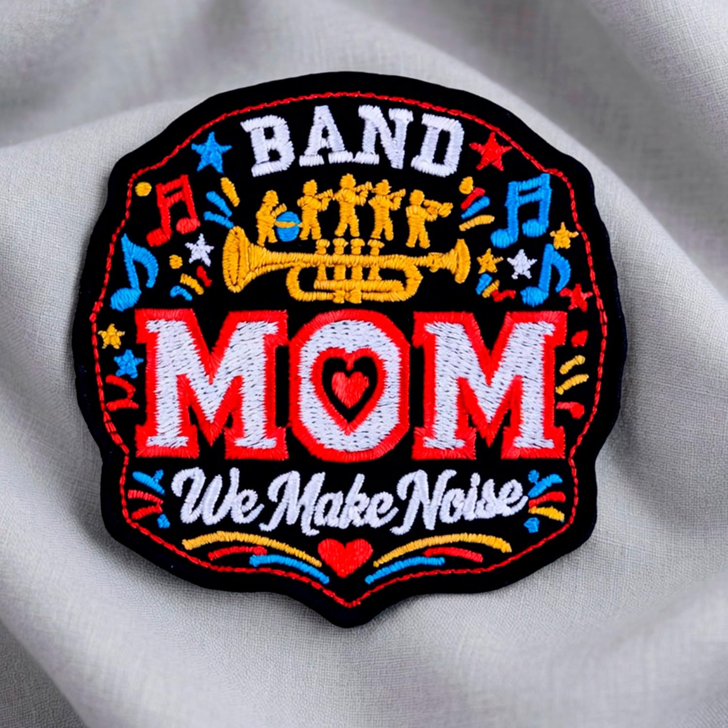Band Mom Embroidered Patch Iron On – We Make Noise Music Patch for Jackets, Backpacks & Hoodies – Cute Marching Band Mom Applique Badge – 3.5x3.5 Inch