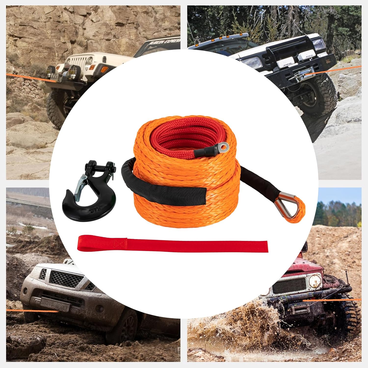 Synthetic Winch Rope with Hook, Winch Cable with Protective Sleeve, Car Tow Recovery Cable for 4WD Off-Road Vehicle Truck ATV UTV SUV 9T/19854lbs, Breaking Strength (Orange),18.28m/60ft