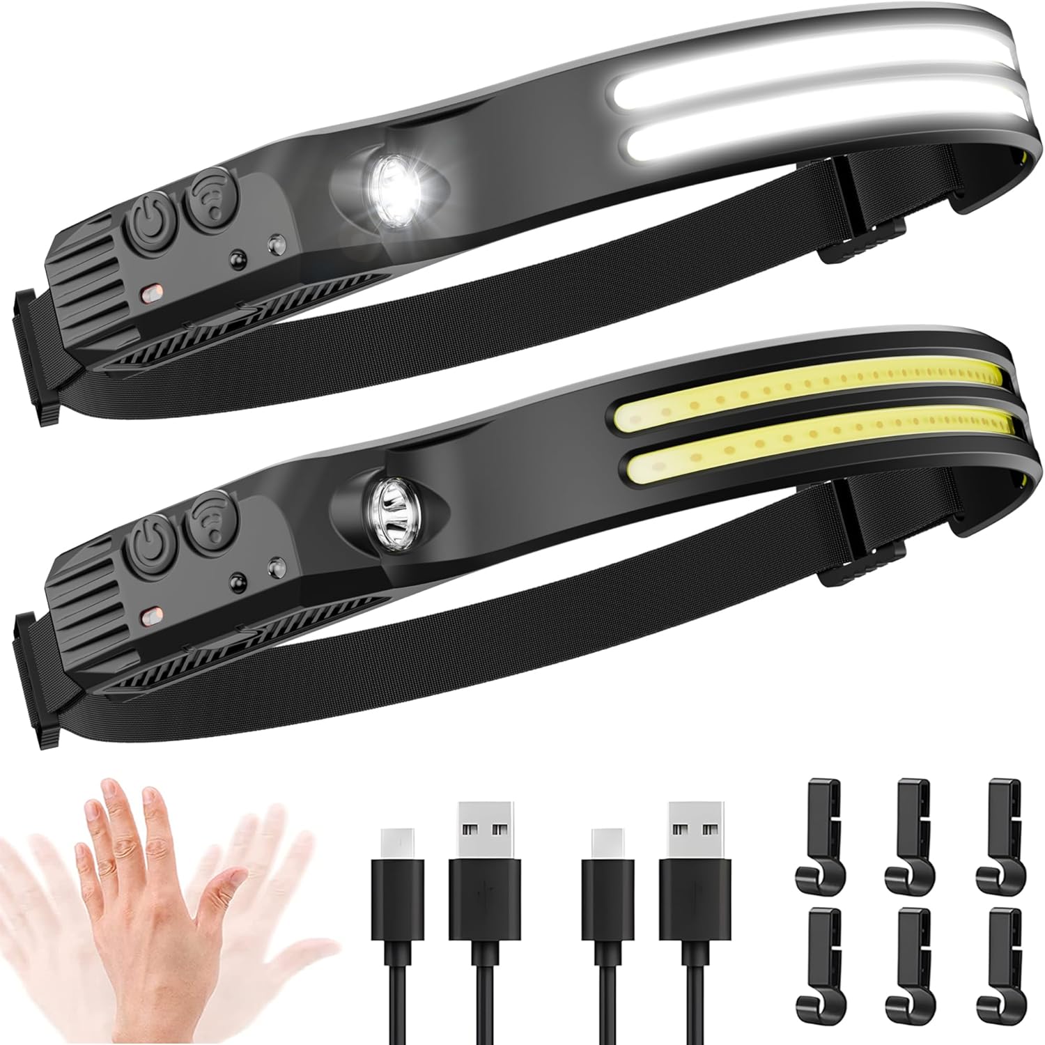 LED Headlamp Rechargeable 2PCS - 230° COB Super Bright Head Lights for Forehead, Hard hat Light for Adults, USB C Headband Flashlight for Work, Hiking, Running, Camping Essentials Gear Black 2 Pack - New Upgrade II Dual-Led Strip