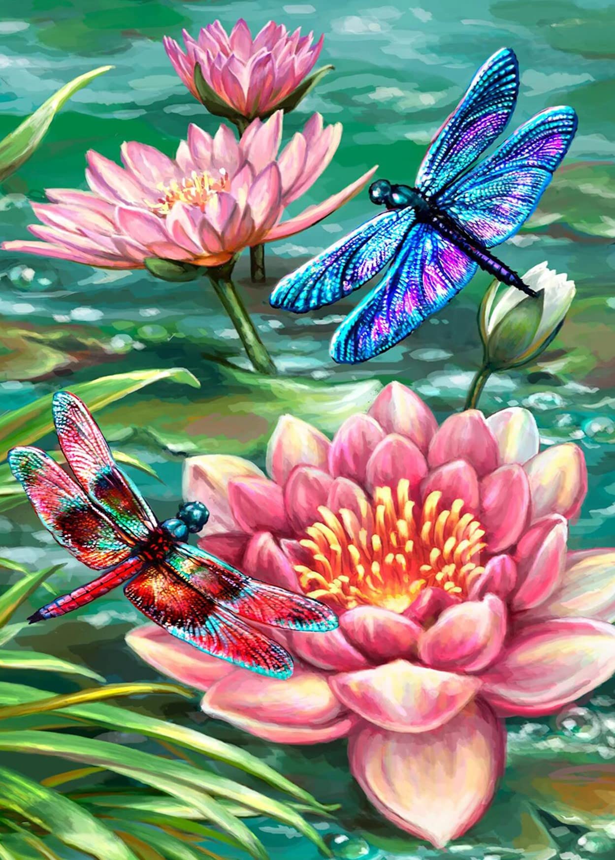 DAICHELLotus Diamond Art Painting Kits for Adults - Full Drill Diamond Dots Paintings for Beginners, Dragonfly Round 5D Paint with Diamonds Pictures Gem Art Painting Kits DIY Adult Crafts 12x16inch