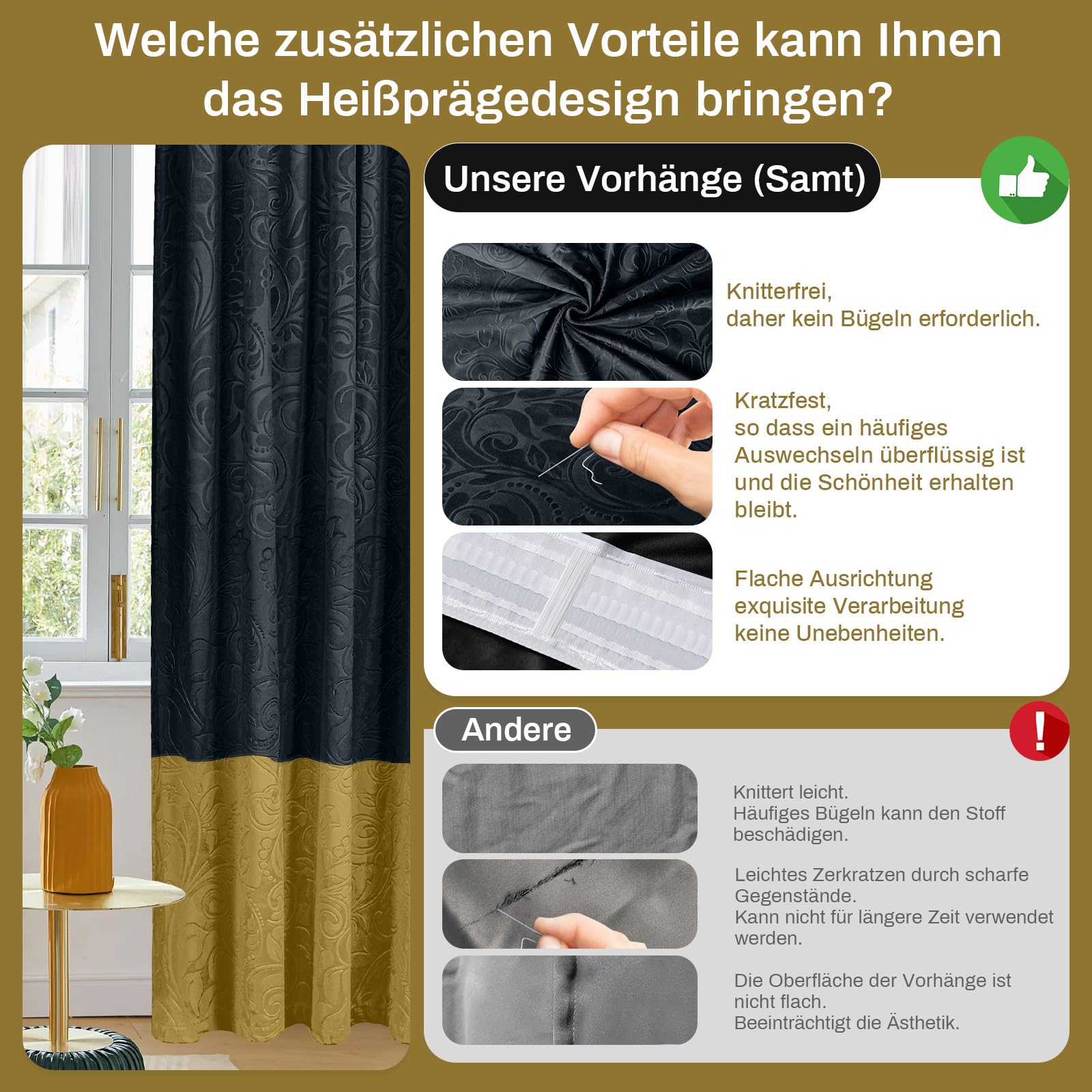 Samtvorhang Kräuselband 2er Set, H274xB132CM 260gsm Samt Verdunklungsvorhänge mit Blumenprägung, Multifunktionsband Blickdicht Gardinen Velvet für Wohnzimmer, Schlafzimmer(Schwarz und Gold)