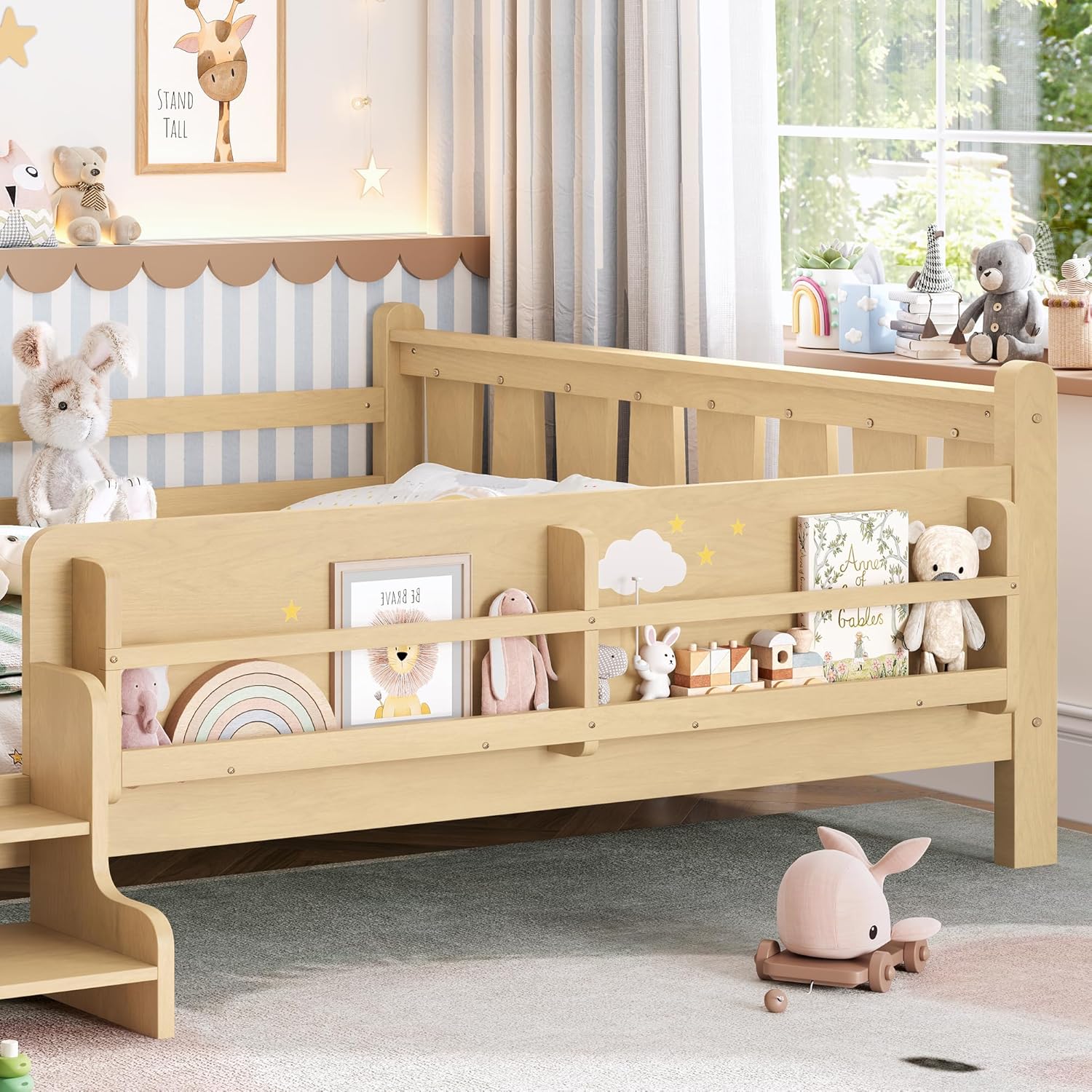 LUMISOL Queen Size Platform Bed Frame for Kids, Solid Wood Bed Frame with Bookshelves and Stairs, No Box Spring Needed, Light Natural