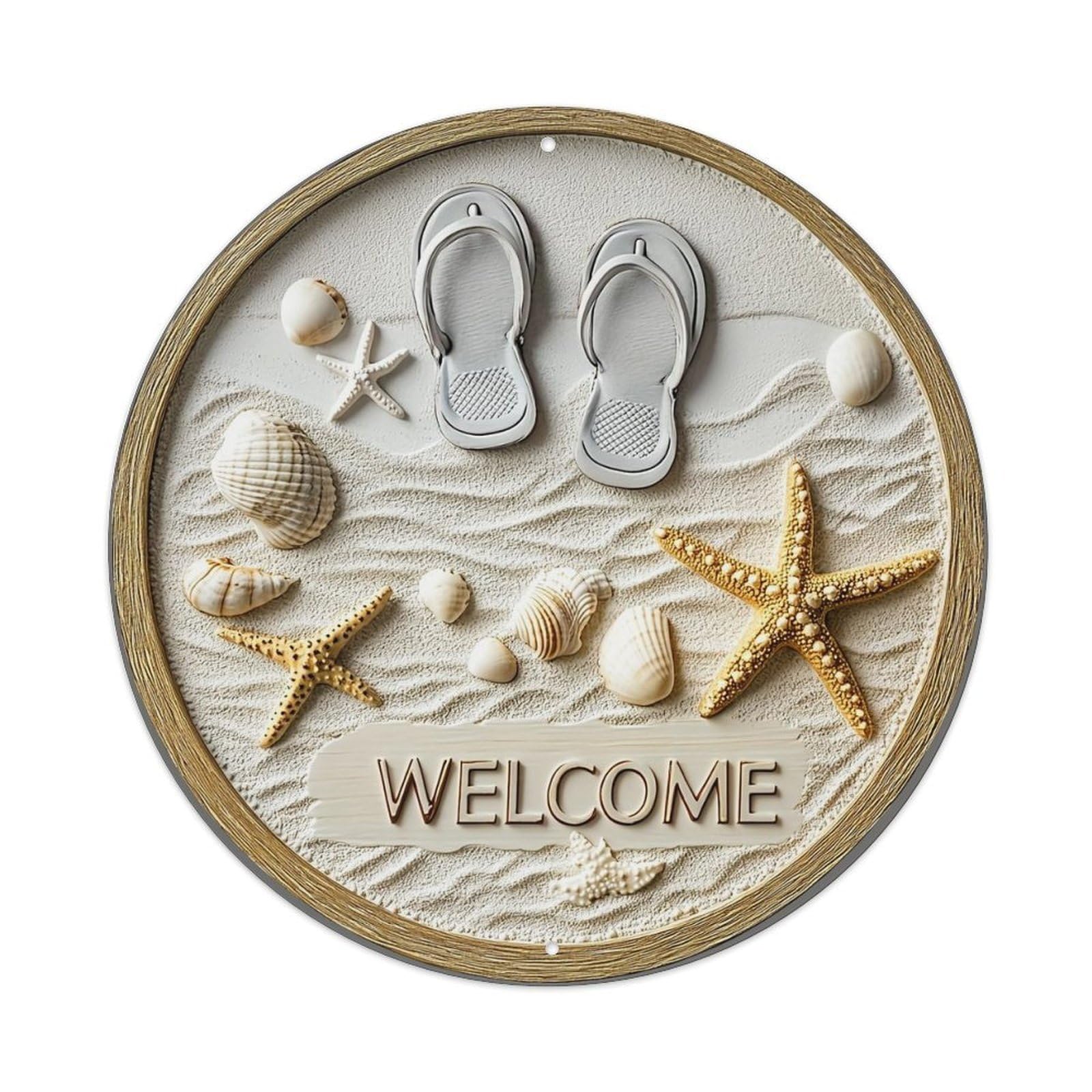 Beach Sand Flip Flops Starfish Shells Metal Tin Sign Plaque