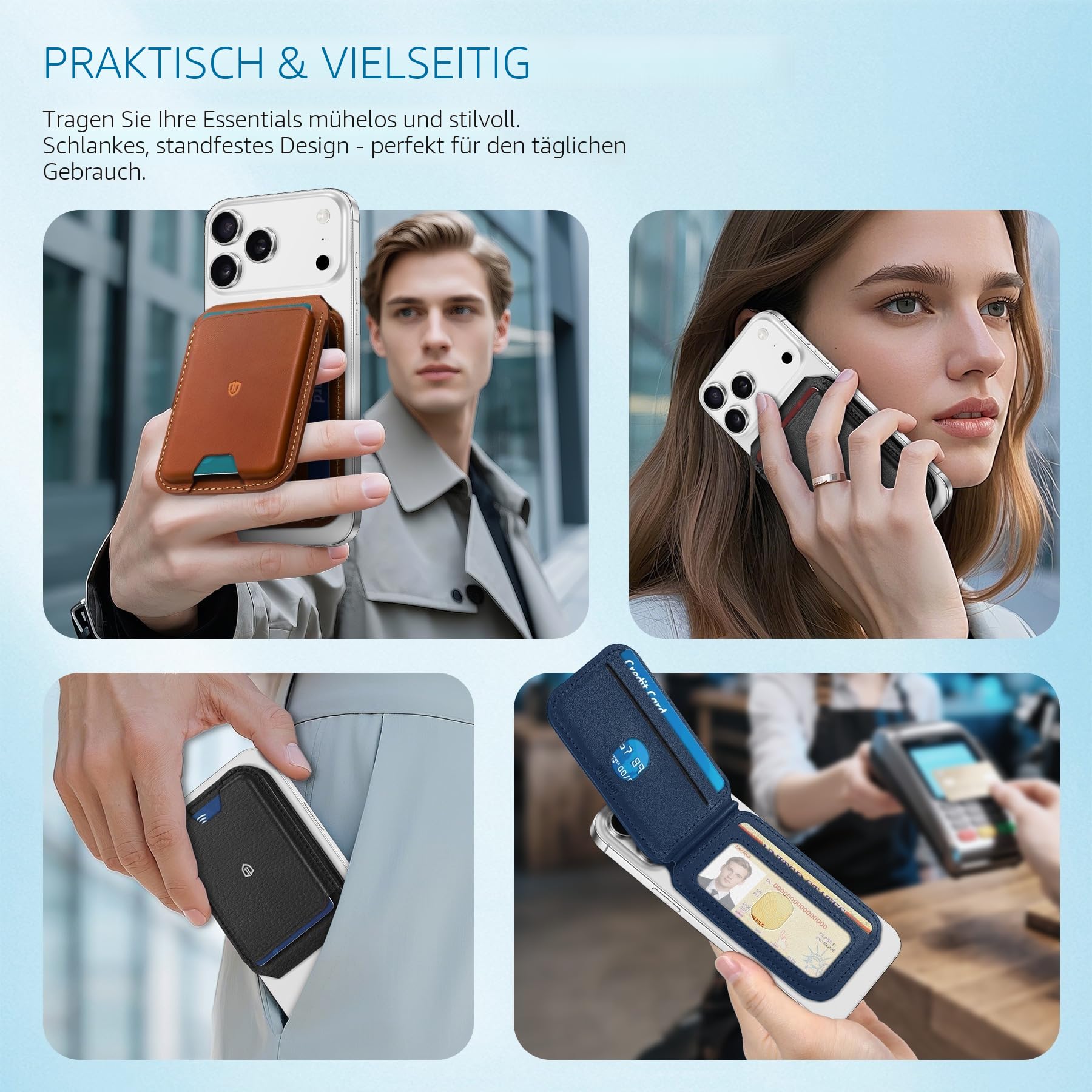 SHIELDON Echtleder Kartenhalter für MagSafe Wallet, Verstellbarer Magnetische Wallet Stand [RFID Blocker] [ID-Fenster] [Starke Haftung] für iPhone 17/16/15/14/13/12 Serie, Nicht für Mini - Schwarz