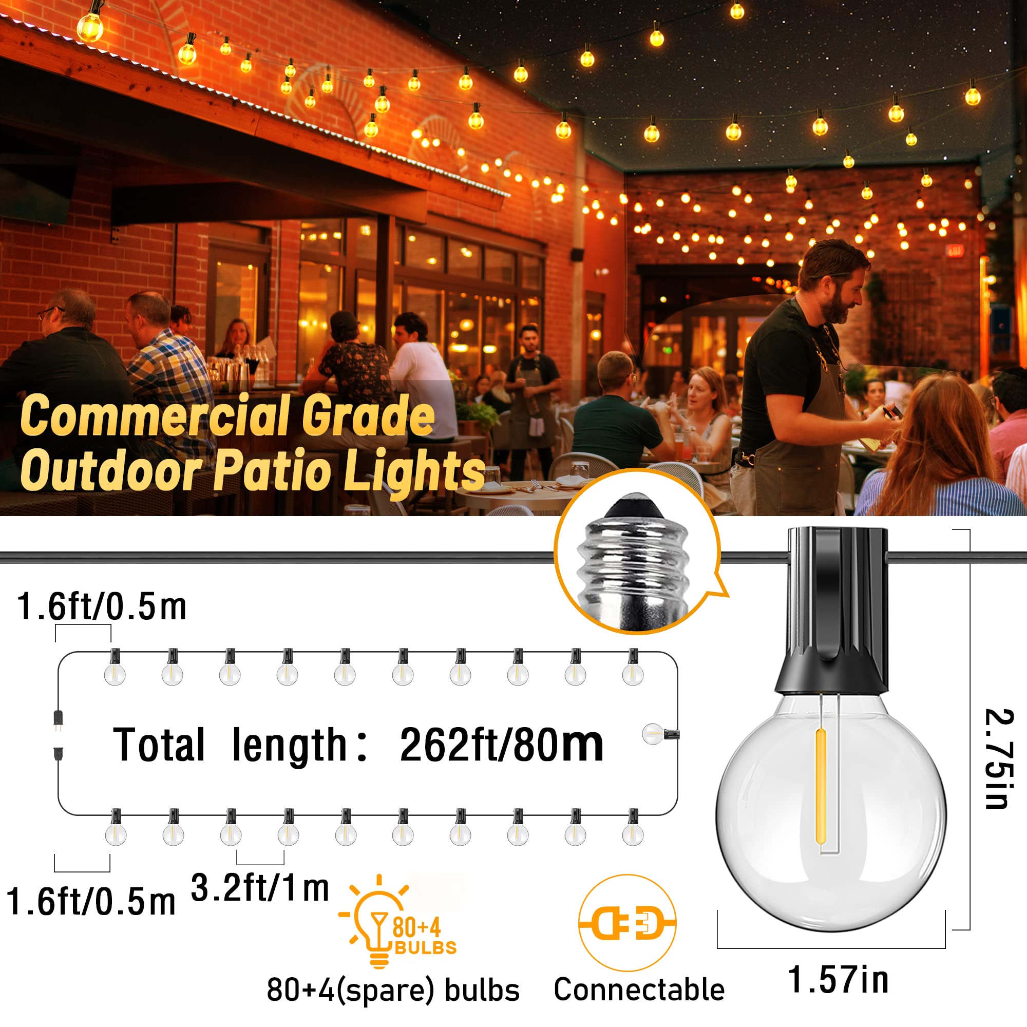 KNONEW 263Ft Outdoor String Lights LED, Patio Globe String Lights with 80 Shatterproof G40 LED Bulbs (4 Spare),Waterproof Connectable String Lights for Party Porch Backyard Garden Bistro