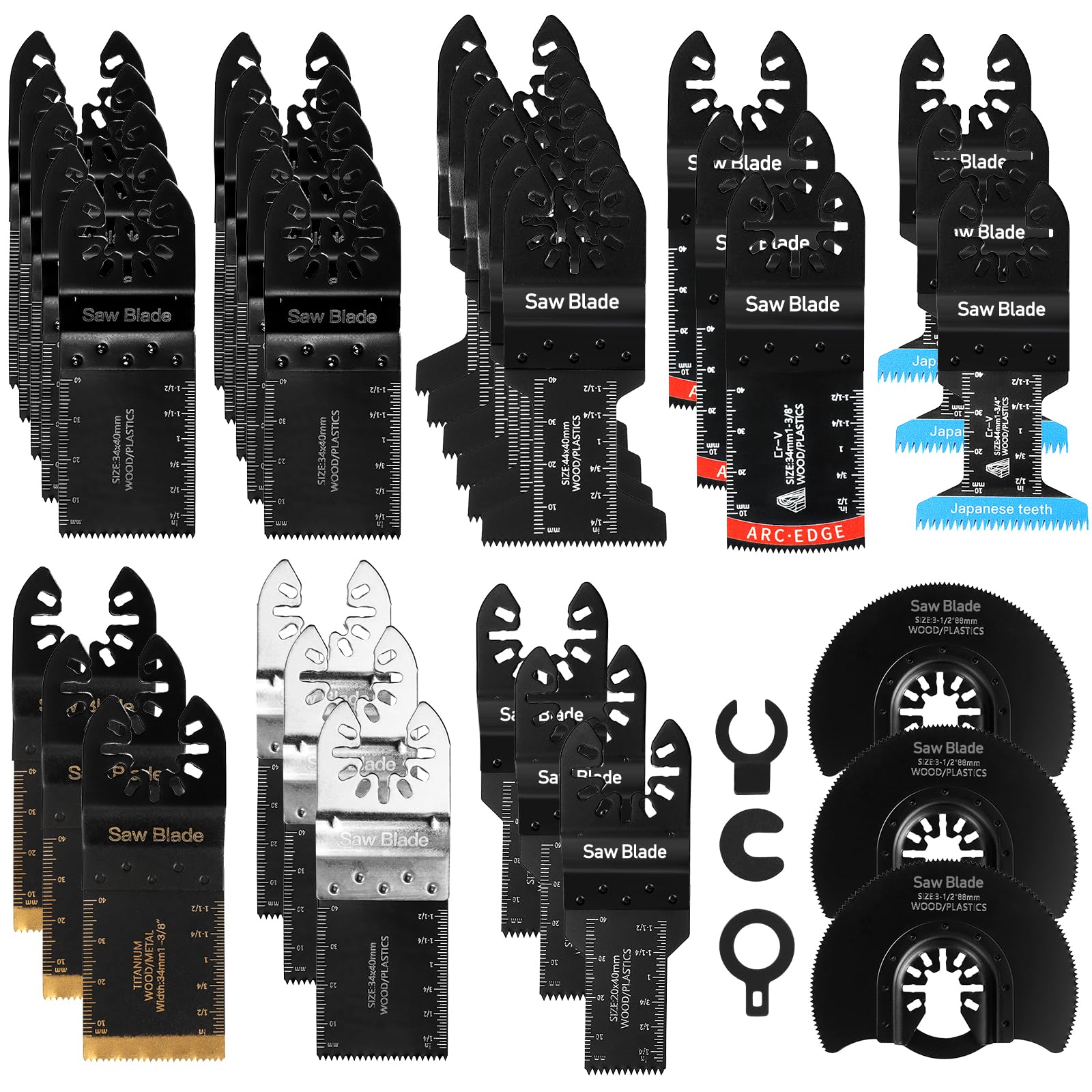 JOYBOY 34 Pcs Lames de Scie Oscillantes,Outil Multifonction Accessoires Kit,Ensemble de Lames de Scie Multi pour Plastique,Bois,Métal Universelle Lame Multifonction Scie Oscillante