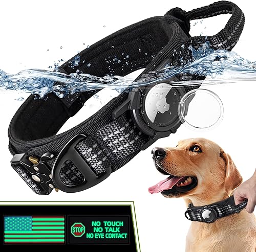 Collar táctico para perro AirTag con soporte impermeable para Airtag  Compatible con Apple Air Tag  Parches de velcro luminosos  Nylon 1000D cómodo