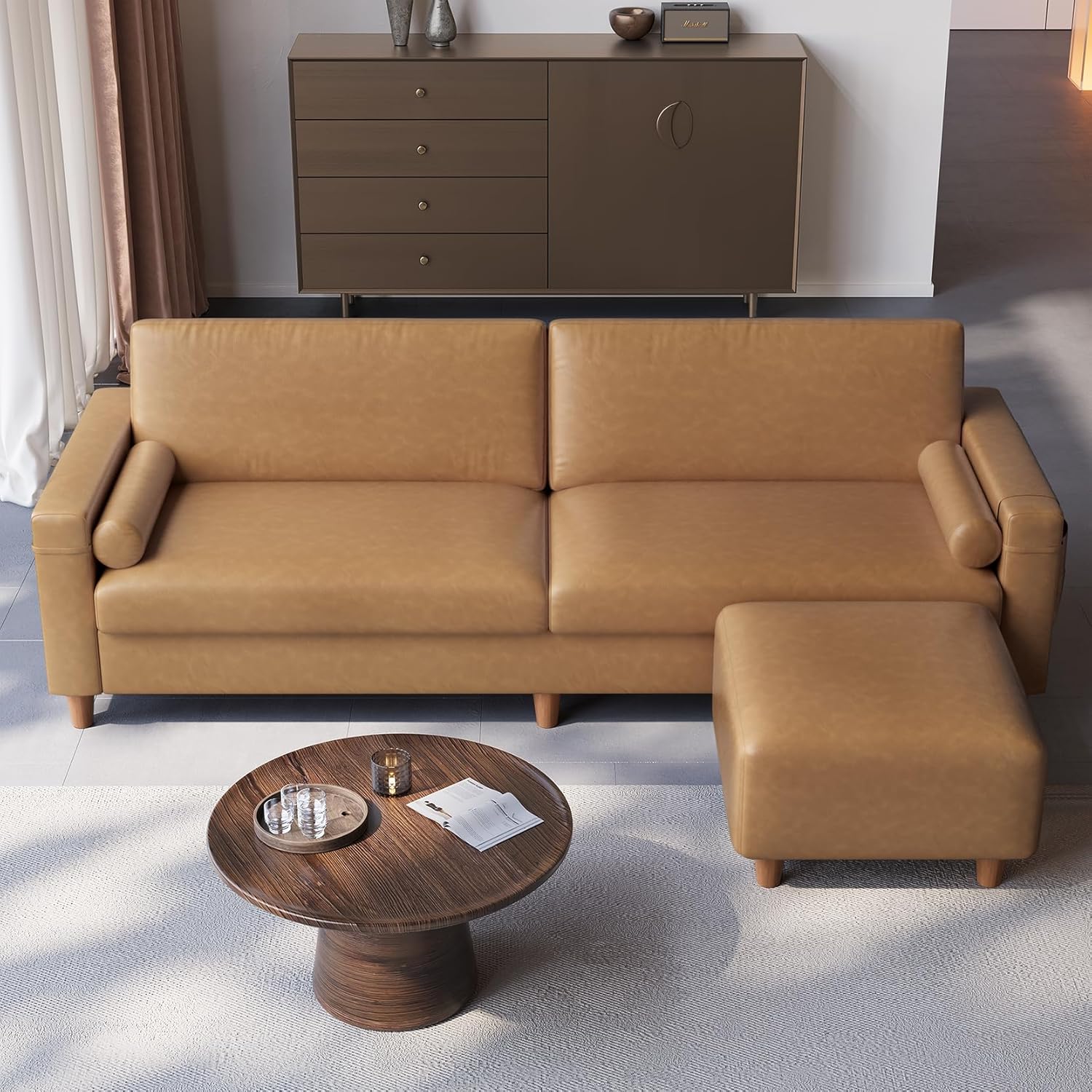 Vesgantti 100" Faux Leather Sofa with Movable Ottoman, L Shaped Wide Seating PU Leather Couch with Side Pocket, Comfy Mid Century Modern Modular Sectional Sofa for Living Room, Apartment, Cognac Tan