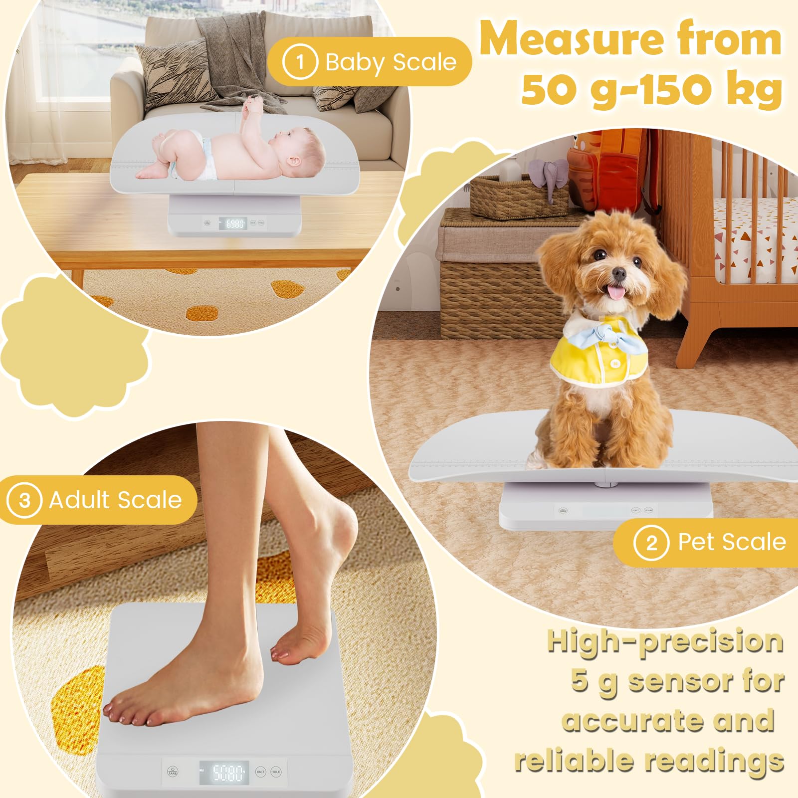 LIFEZEAL Bilancia Neonati, Bambini, Persone, Animali Domestici a 150kg, Bilancia Pesa Neonati, Musura Altezza, Smontabile, Schermo Led, Tare, Stabilizzatore, Spegnimento Automatico, Antiscivolo