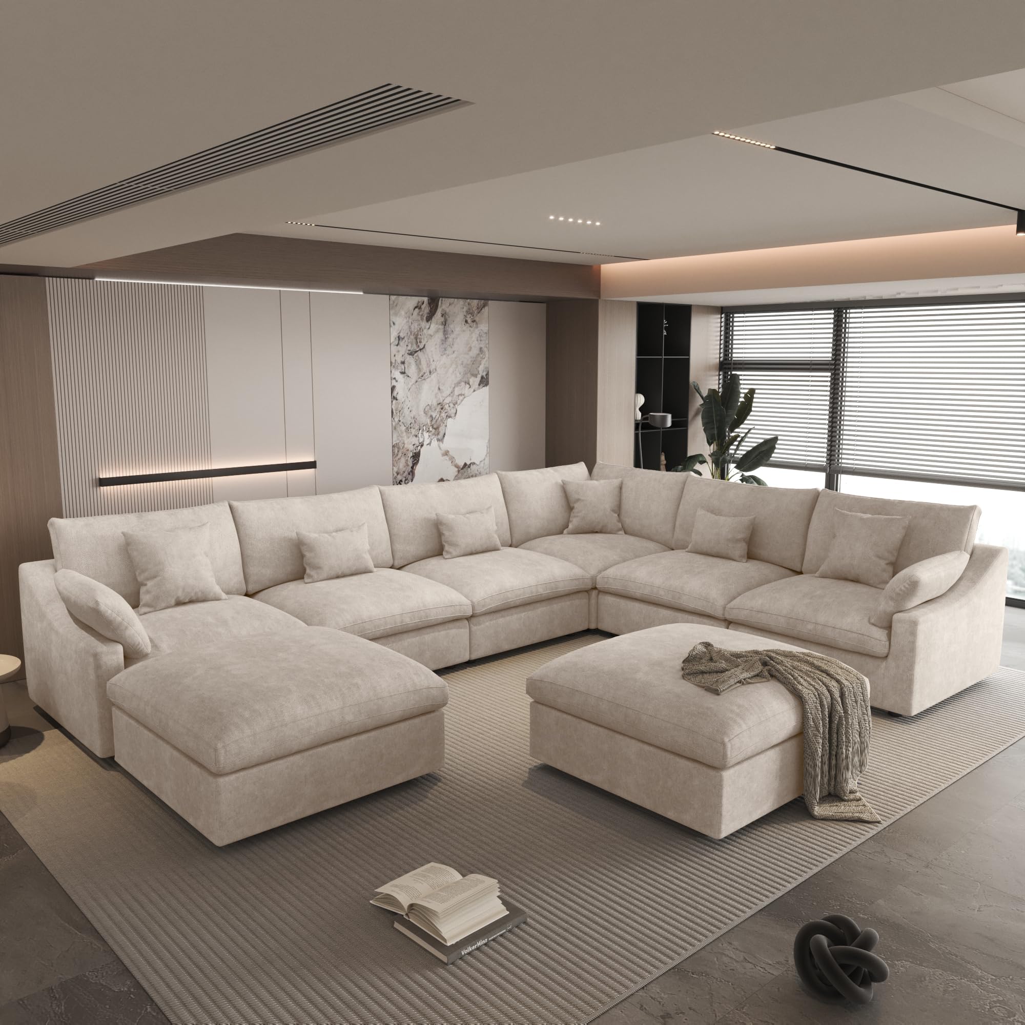 WJShome 156 inch cloud modular sectional sofa in khaki with down filling