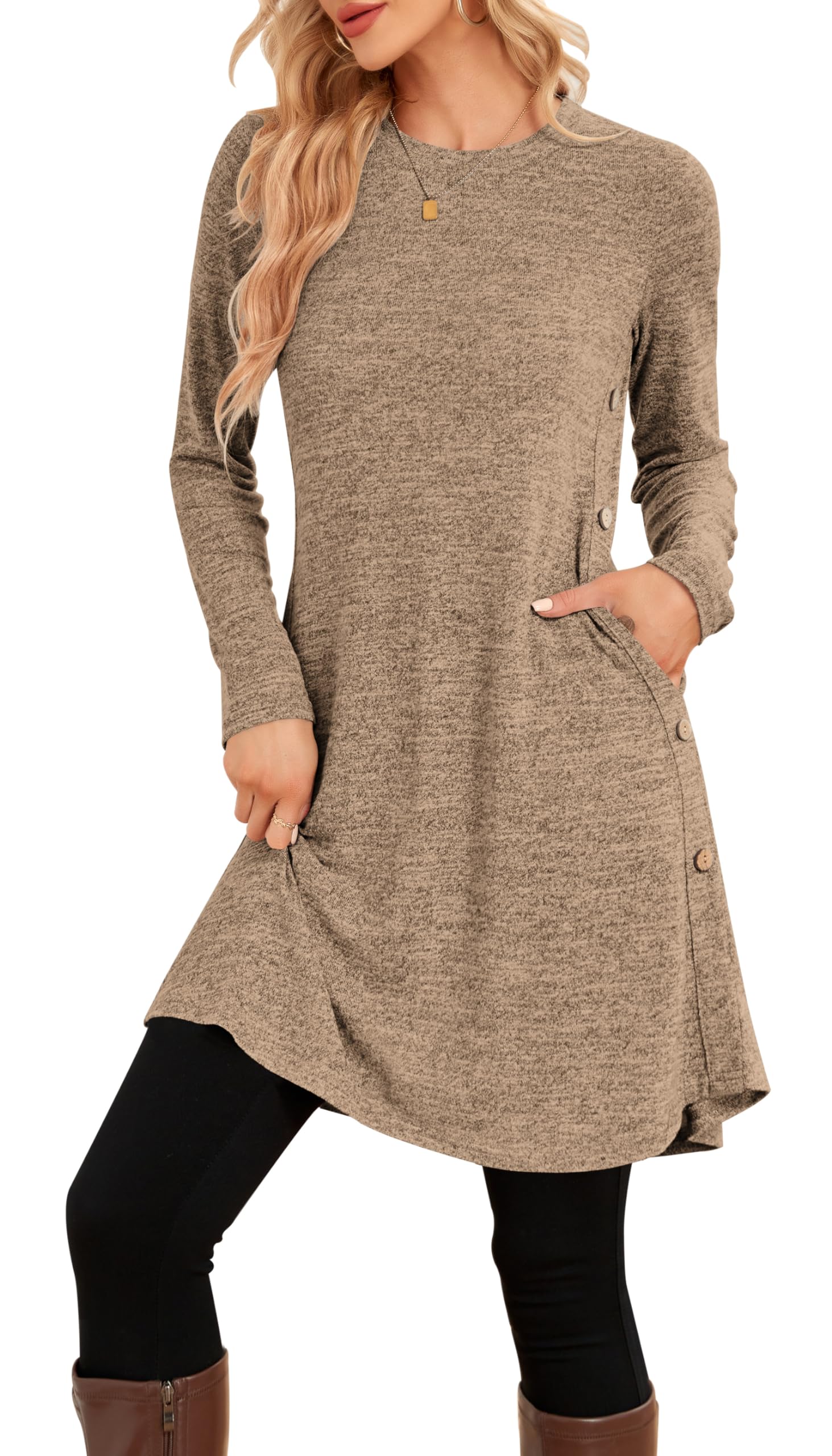 NARRAME Robe Pull pour Femme Printemps-Automne à Manches Longues décontractée Boutons latéraux avec Poches Grand café