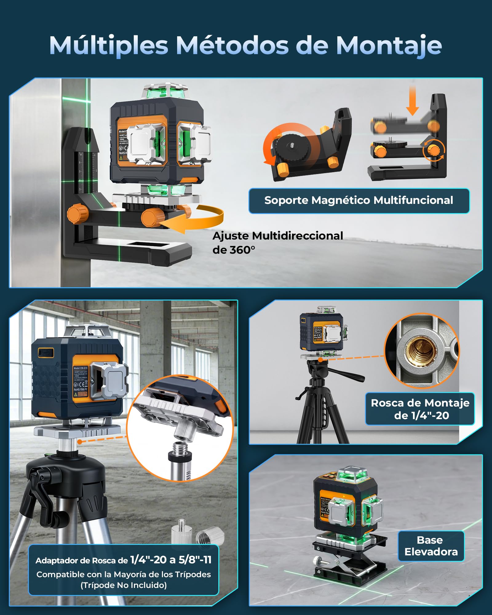 CIGMAN G16 Nivel Láser Verde 4x360 Autonivelante de 16 Líneas | Control por App, 4 niveles de brillo, modo pulso e ideal para alicatar, instalar armarios y techos.