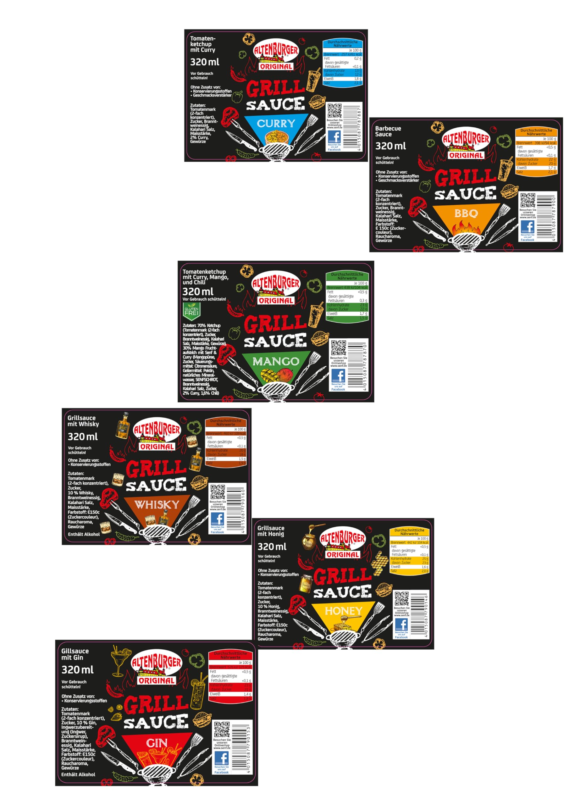 Altenburger Original Grill Sixpack, Grillsaucen Geschenkset mit sechs herrlich leckeren Grillsoßen, Mango, Curry, Whisky und mehr, ideales Grill Geschenk