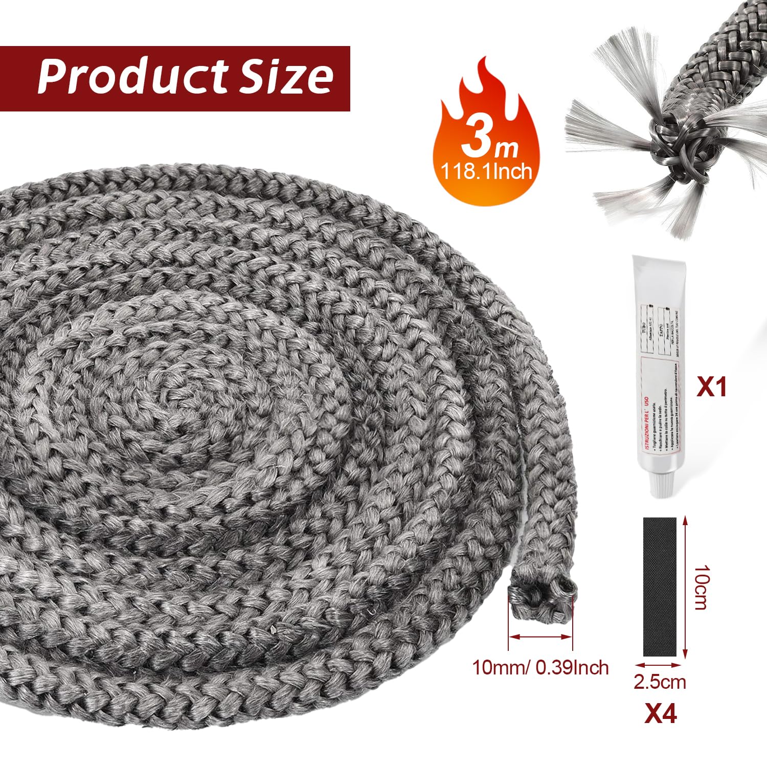 1 Pezzi Guarnizione Stufa a Legna Guarnizione Camino Guarnizione Vetro Stufa a Pellet Corda per Camino Guarnizione Stufa a Pellet 10mm x 3M 4 Nastro per Giunti