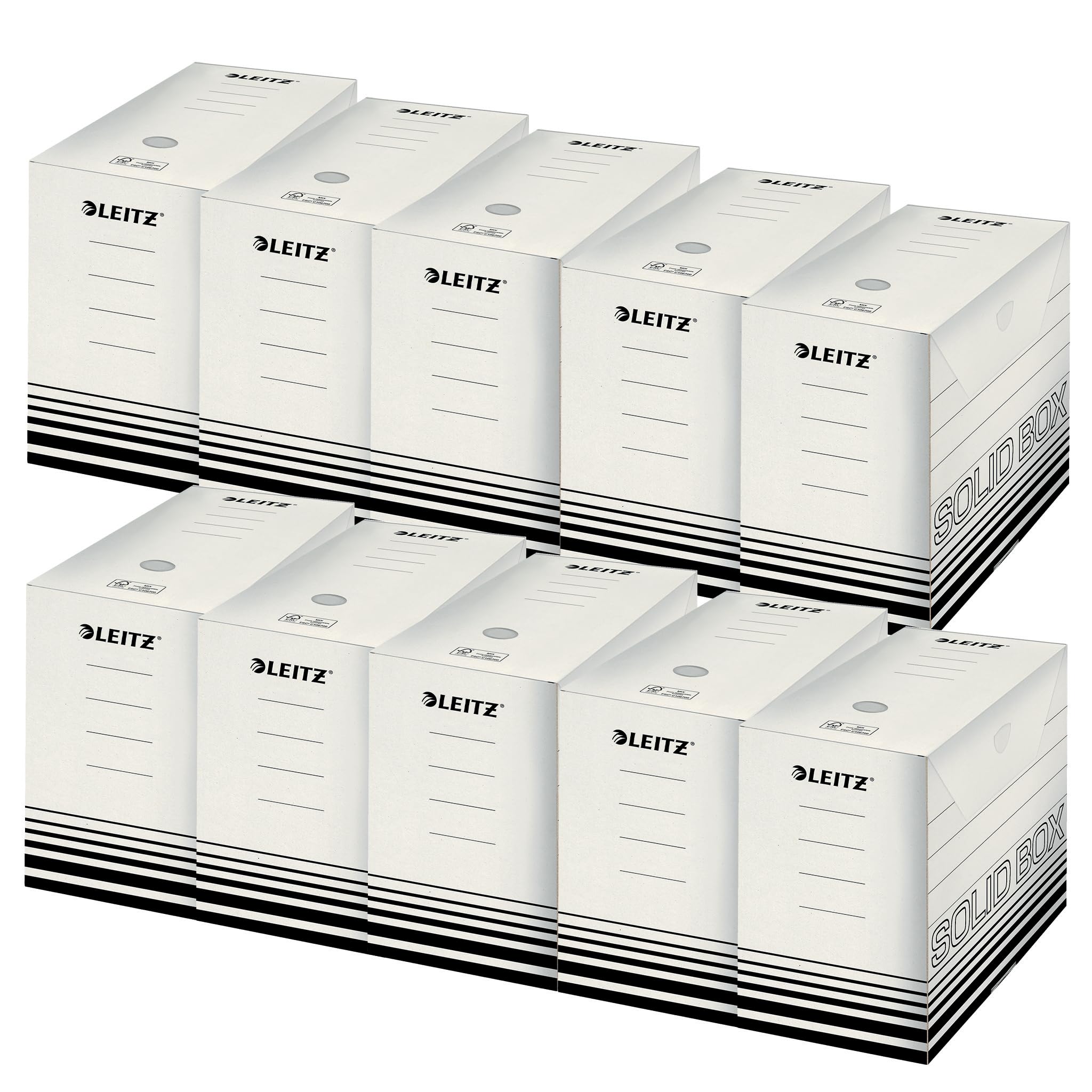 Leitz Solid Box 61290001 Archive Box, 150 mm Spine Width, A4 Folding Box with Tab, Storage Box for up to 1400 Sheets, Storage Box Made of 100% Ribbed Recycled Cardboard, Pack of 10, White/Black