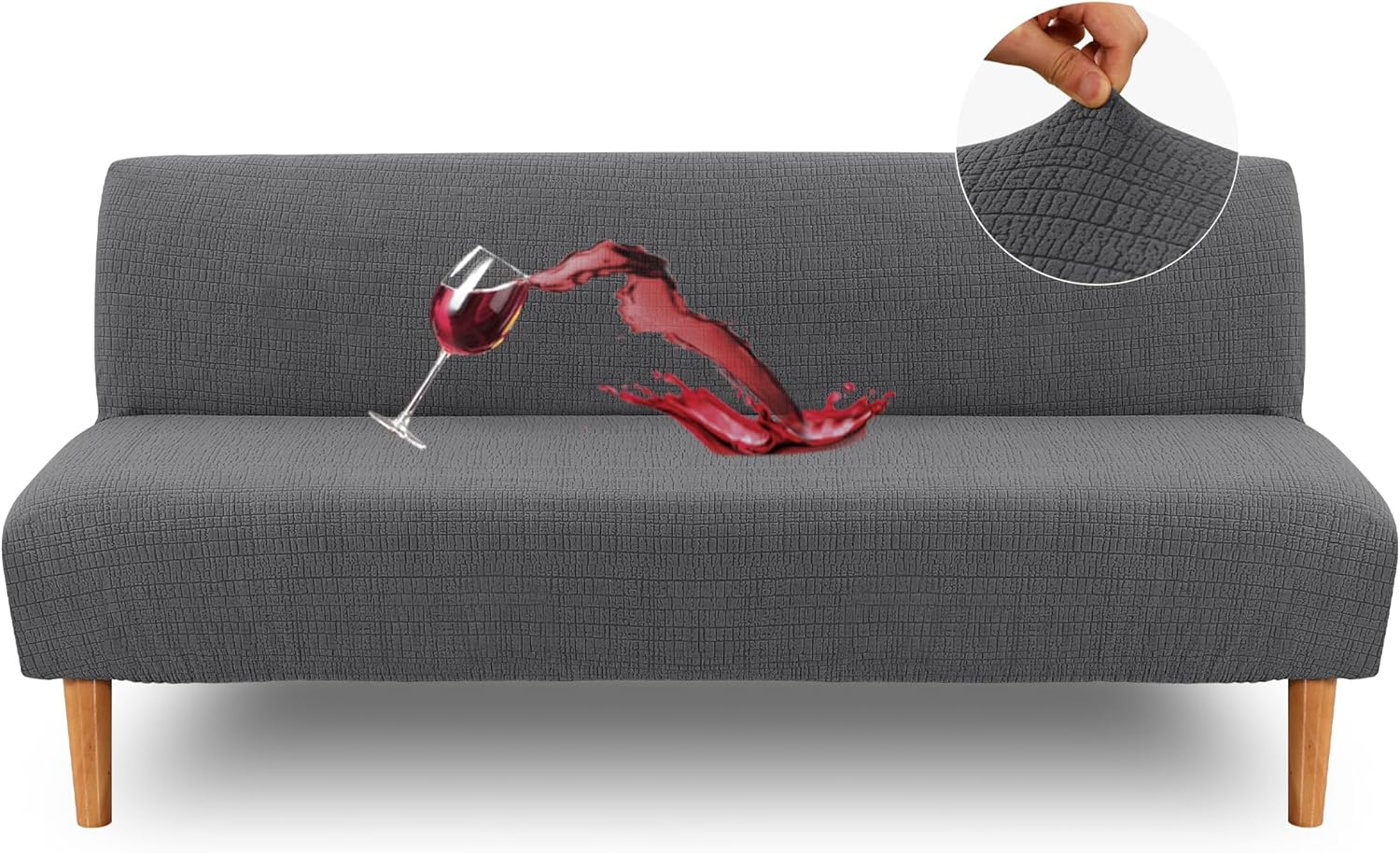 H.VERSAILTEX 100% Waterproof Armless Futon Cover, Armless Sofa Cover Stretch Jacquard Couch Cover for Futon, Dual Waterproof Sofa Cover, Leakproof Furniture Protector for Pets, Grey