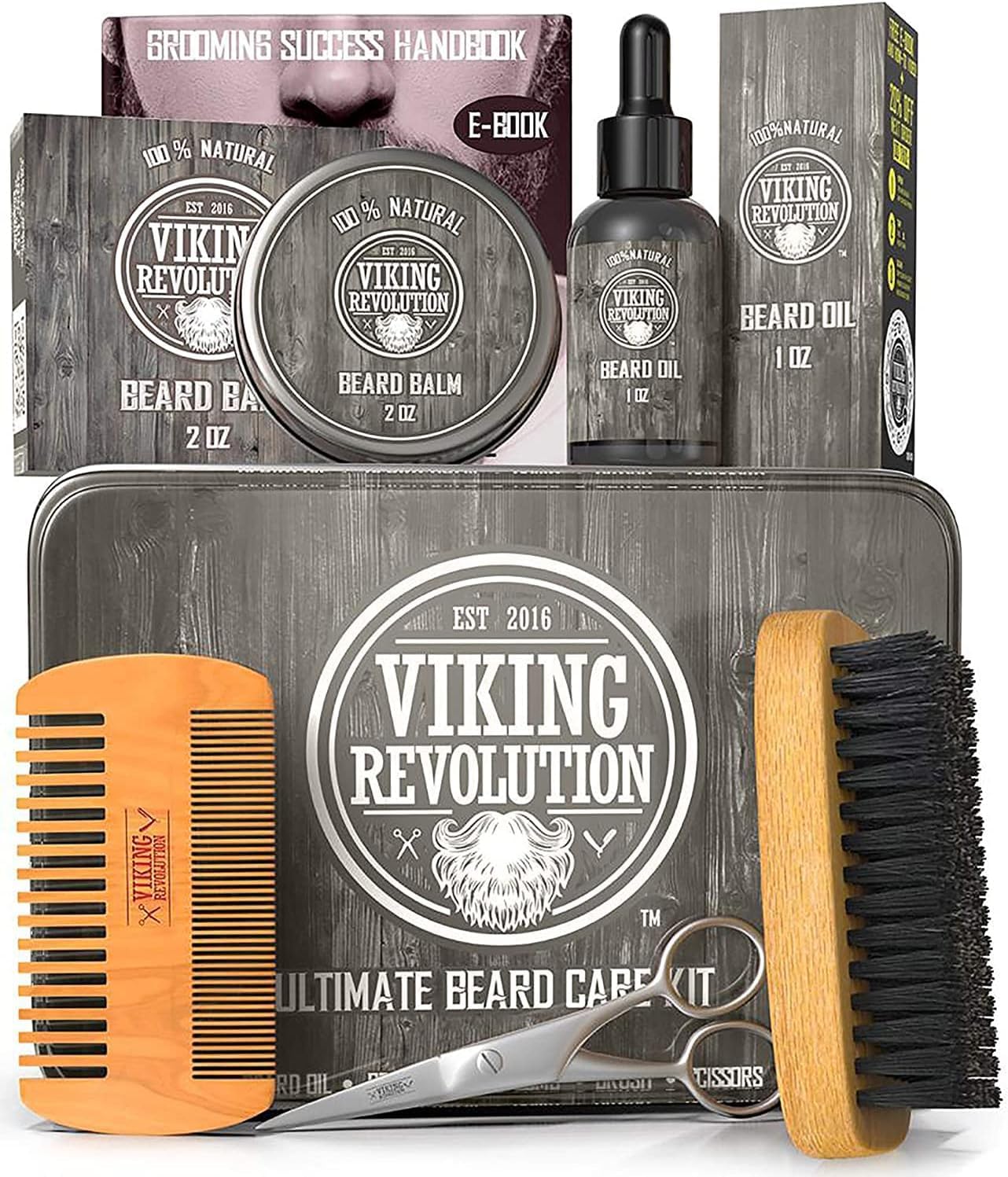 Viking Revolution Kit de Barba Para Hombre - Incluye Mena jabalí 100% cepillo, peine de madera, Barba de melisa, esencia, Tijeras de metal, caja de regalo