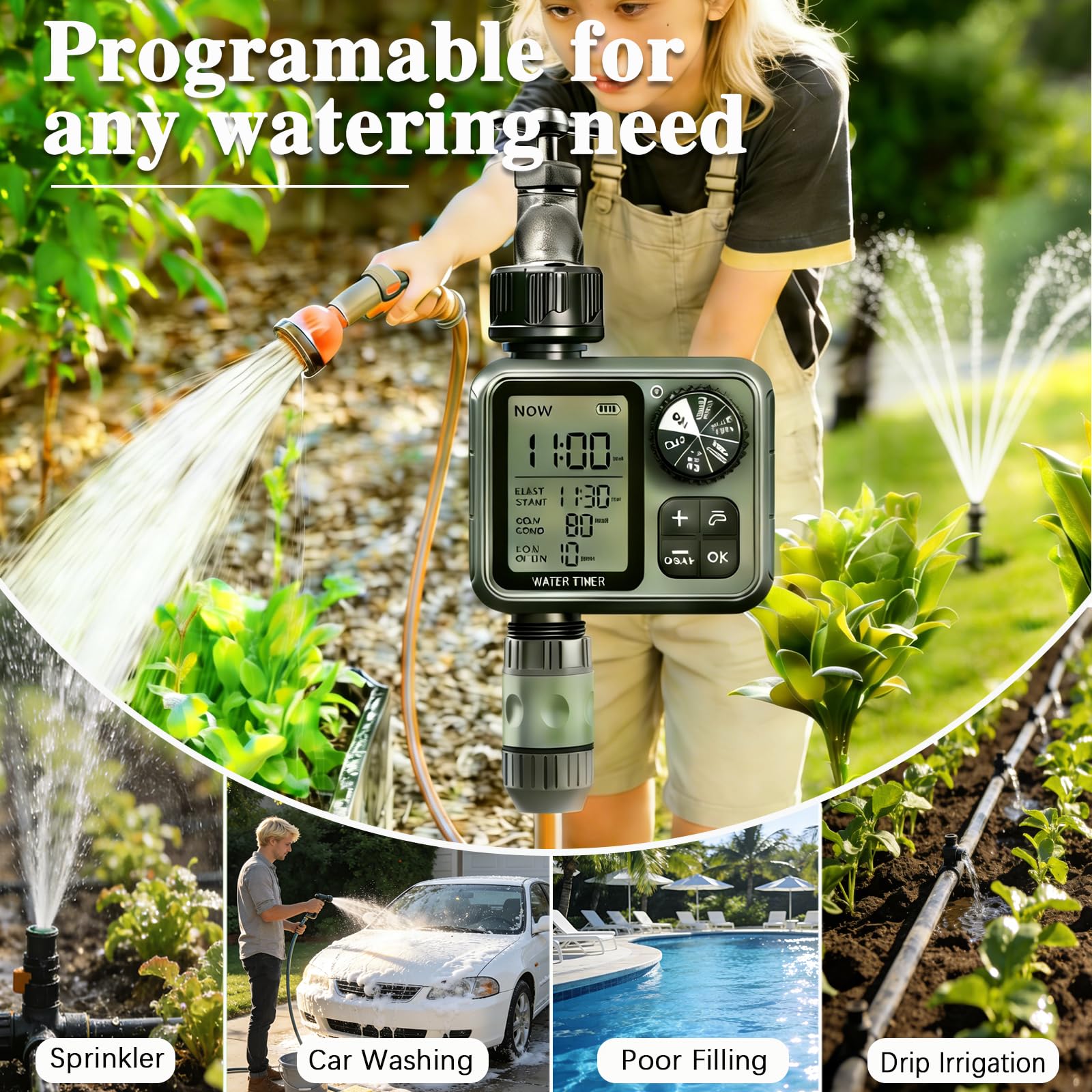 Timer irrigatore per tubo da giardino – Regolatore di irrigazione automatico con ritardo pioggia e modalità manuale, timer programmabile per tubo dell'acqua per prato, cortile, irrigazione a goccia
