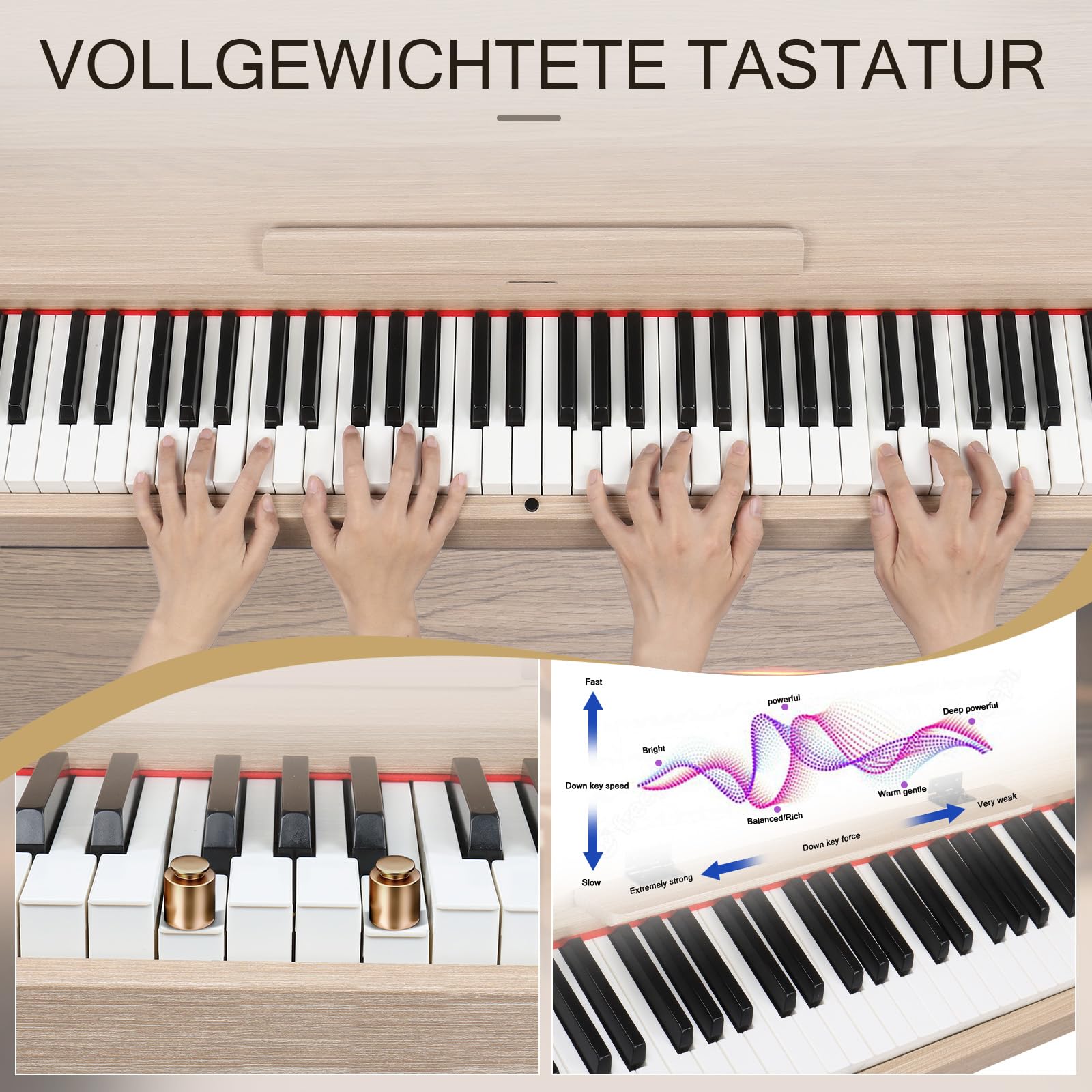 LEADZM 88 Tasten Digitalpiano mit Ständer, Voll Gewichtete Tastatur, E-Piano mit 3 Pedalen, 2 Bluetooth-Systeme, für Anfänger Geeignet (Holzfarbe)