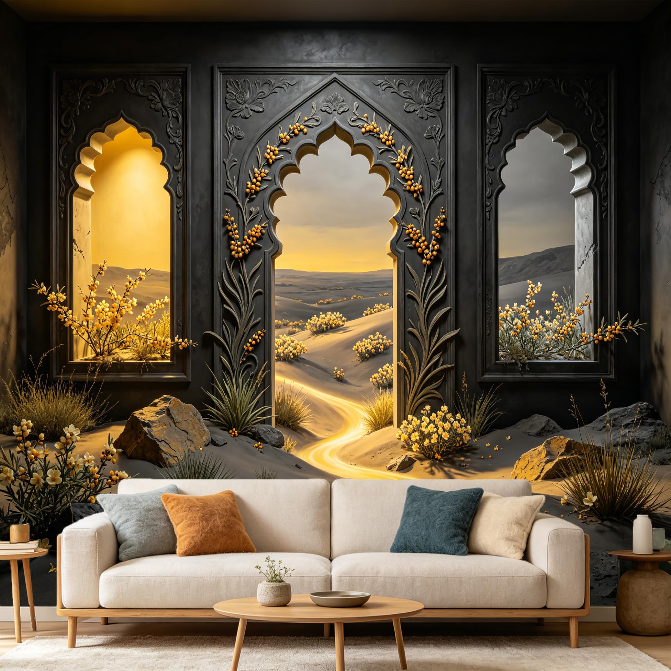 Custom Size Wall Mural， 3D Archway Desert Golden Sunset Scenery， SelfAdhesive Art Prints wall Fabric Removable Large Wallpaper Home Living Room Decor