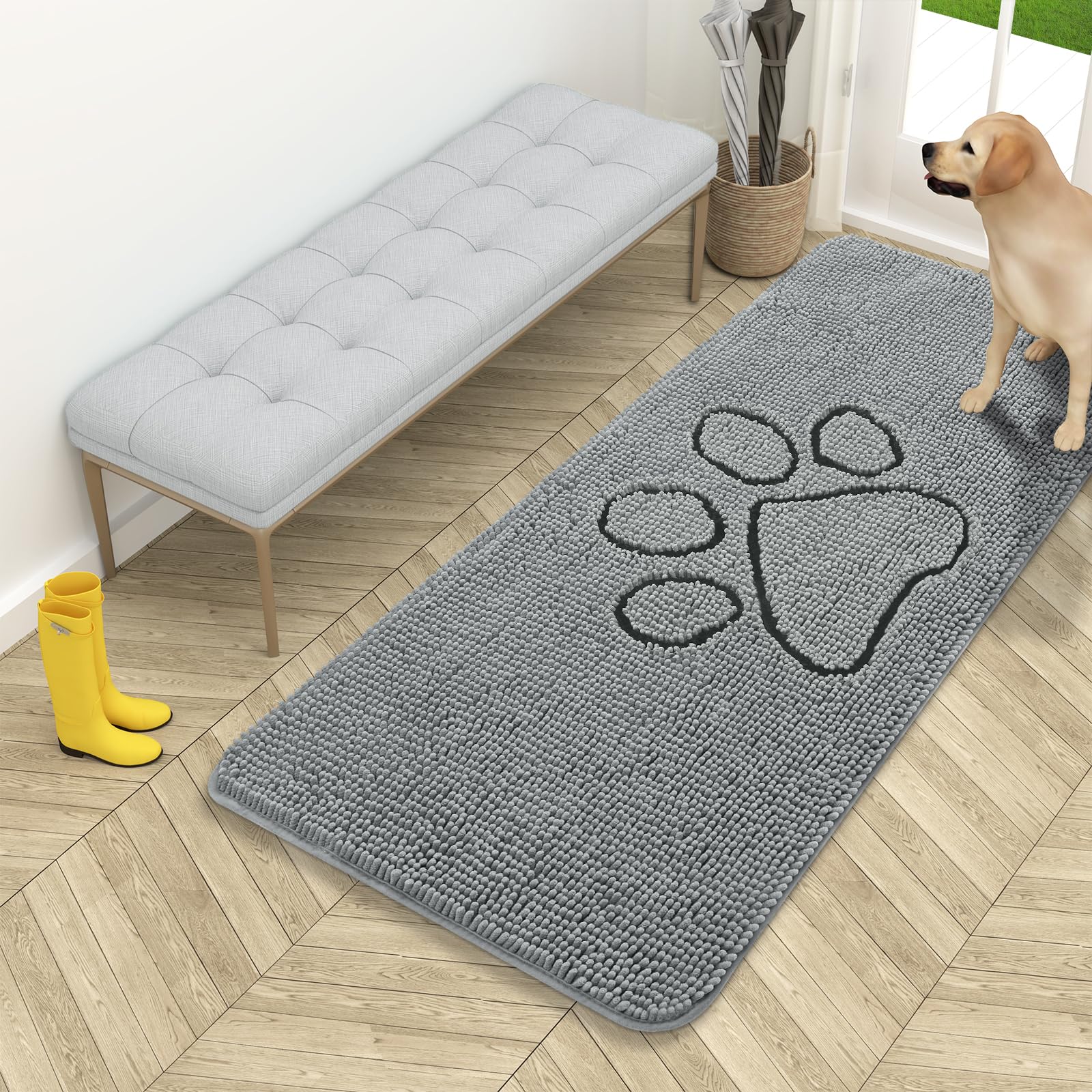 OLANLY Dog Door Mat for Muddy Paws 54x24, Paw Print Design Chenille Mud Mat