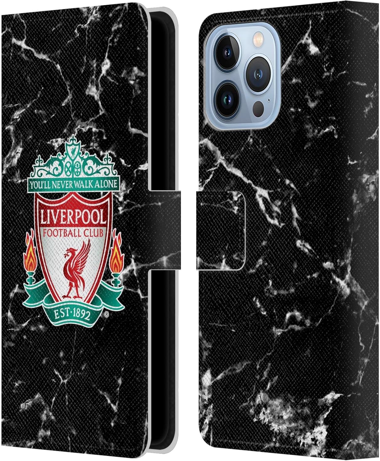 Head Case Designs Officially Licensed Liverpool Football Club Black Crest Marble Leather Wallet Case Compatible with Apple iPhone 13 Pro Max