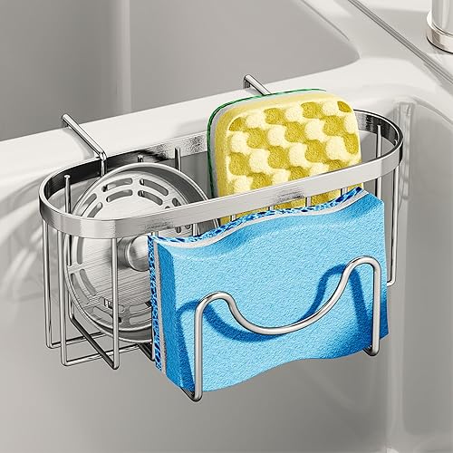 Miniatura 1 de SWTYMIKI Soporte de esponja para fregadero de cocina, organizador de cocina móvil con gancho en forma de M, organizador de esponja colgante de acero