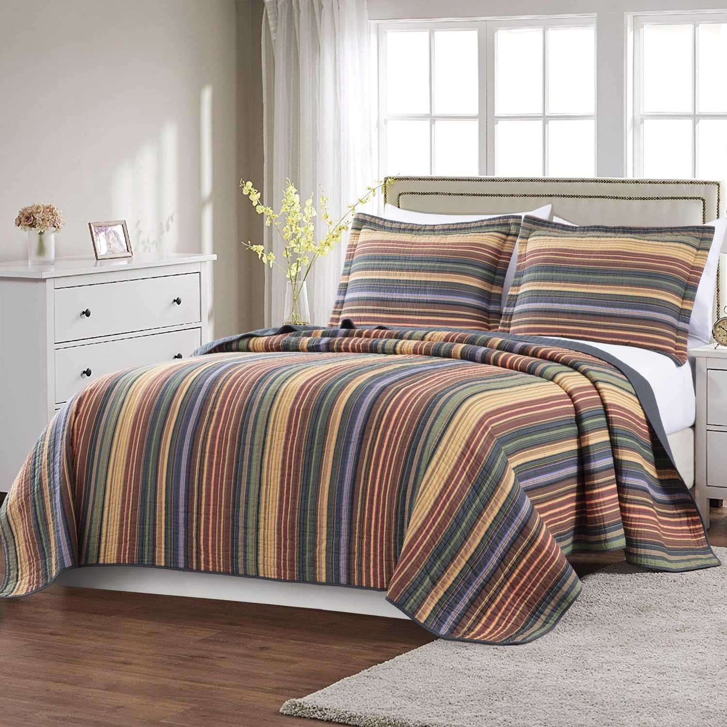 Chezmoi Collection Avery 3-Piece Multi-Color Striped 100% Washed Cotton Quilt Set King Size