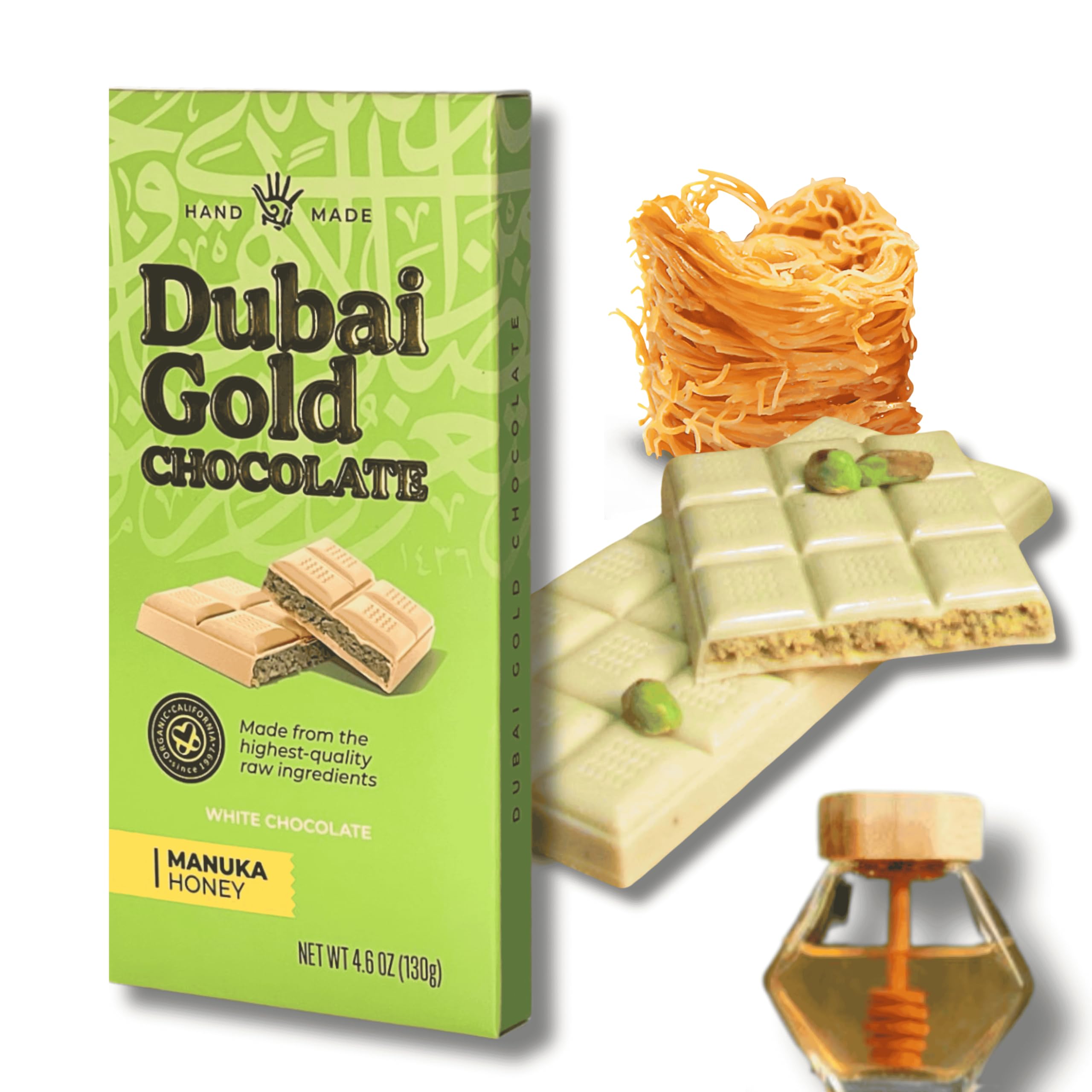 DUBAI GOLD WHITE | Luxury Kunafa Pistachio Chocolate Bar 4.6oz | Gourmet Kataifi Dessert with Belgian White Chocolate, Pistachios & Manuka Honey | Freshly Made in California