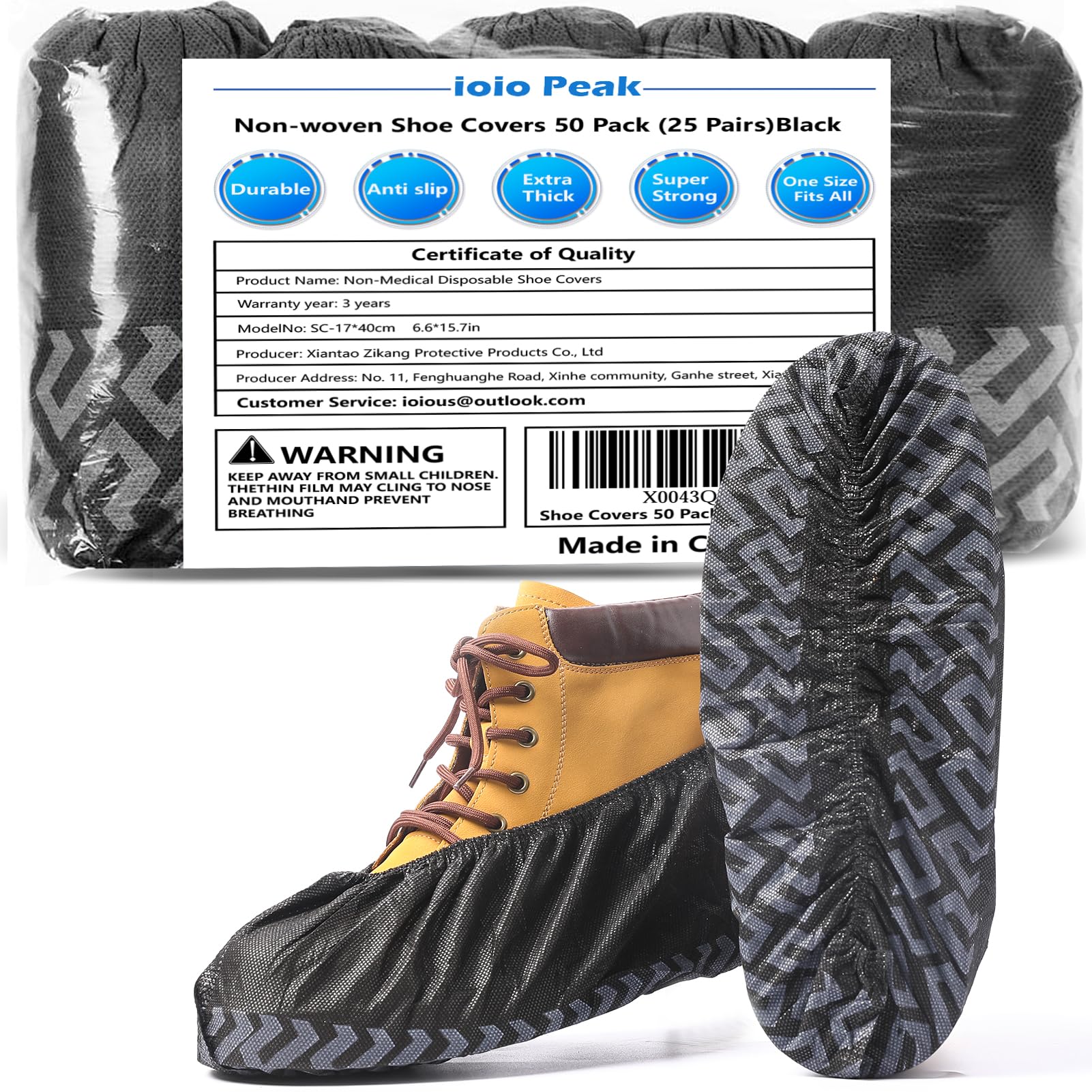 ioiopeakDisposable Shoe Covers 50 Pack (25 Pairs) - Durable, Non-Slip, Water Resistant, and Recyclable Boot Covers for Indoor and Outdoor Use - One Size Fits Most (Non-woven-Black)